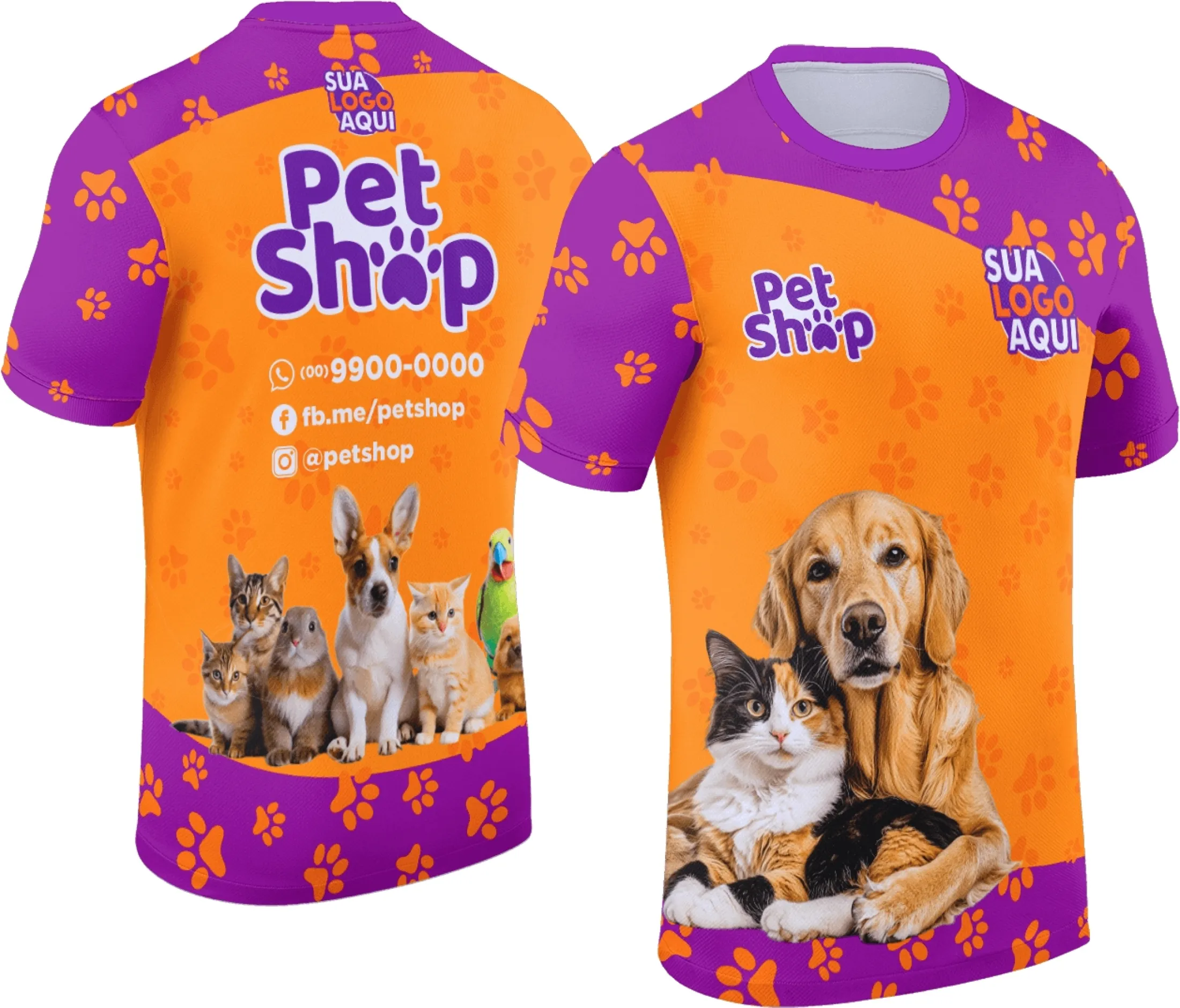 Camiseta unissex branca com logo no peito e estampa grande nas costas mostrando tema pet shop, perfeita para amantes de animais e profissionais da área.