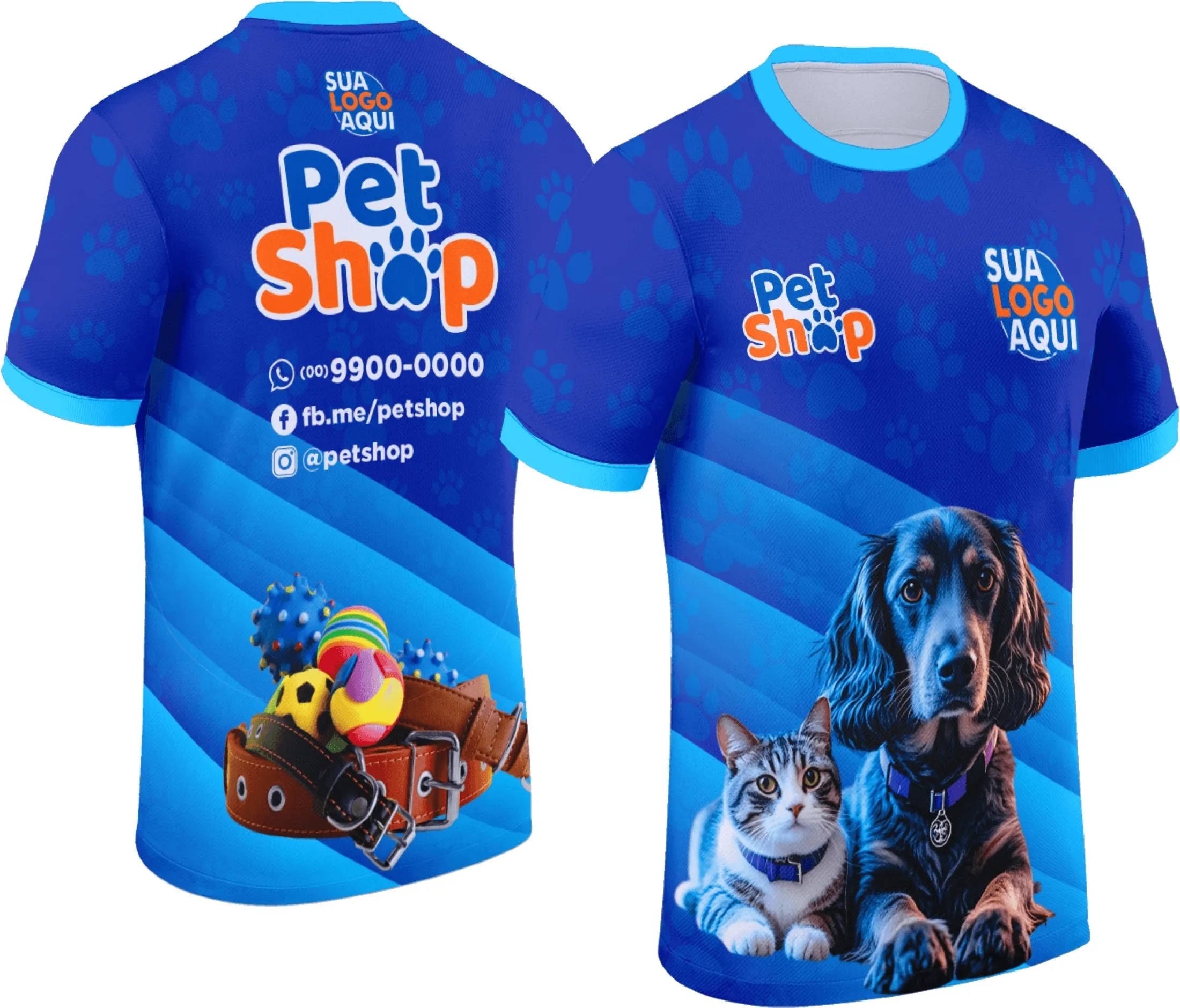 Camiseta unissex preta com logo no peito e estampa grande nas costas do tema Pet Shop Modelo 006, mostrando estilo moderno e confortável para amantes de animais.