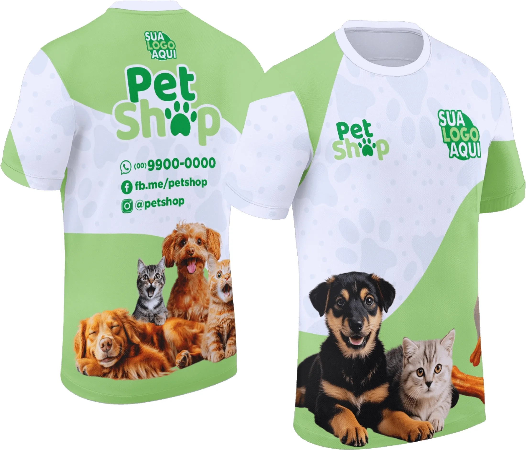 Camiseta unissex preta com logo no peito e estampa grande nas costas temática de pet shop modelo 007, design moderno e atraente ideal para amantes de animais.