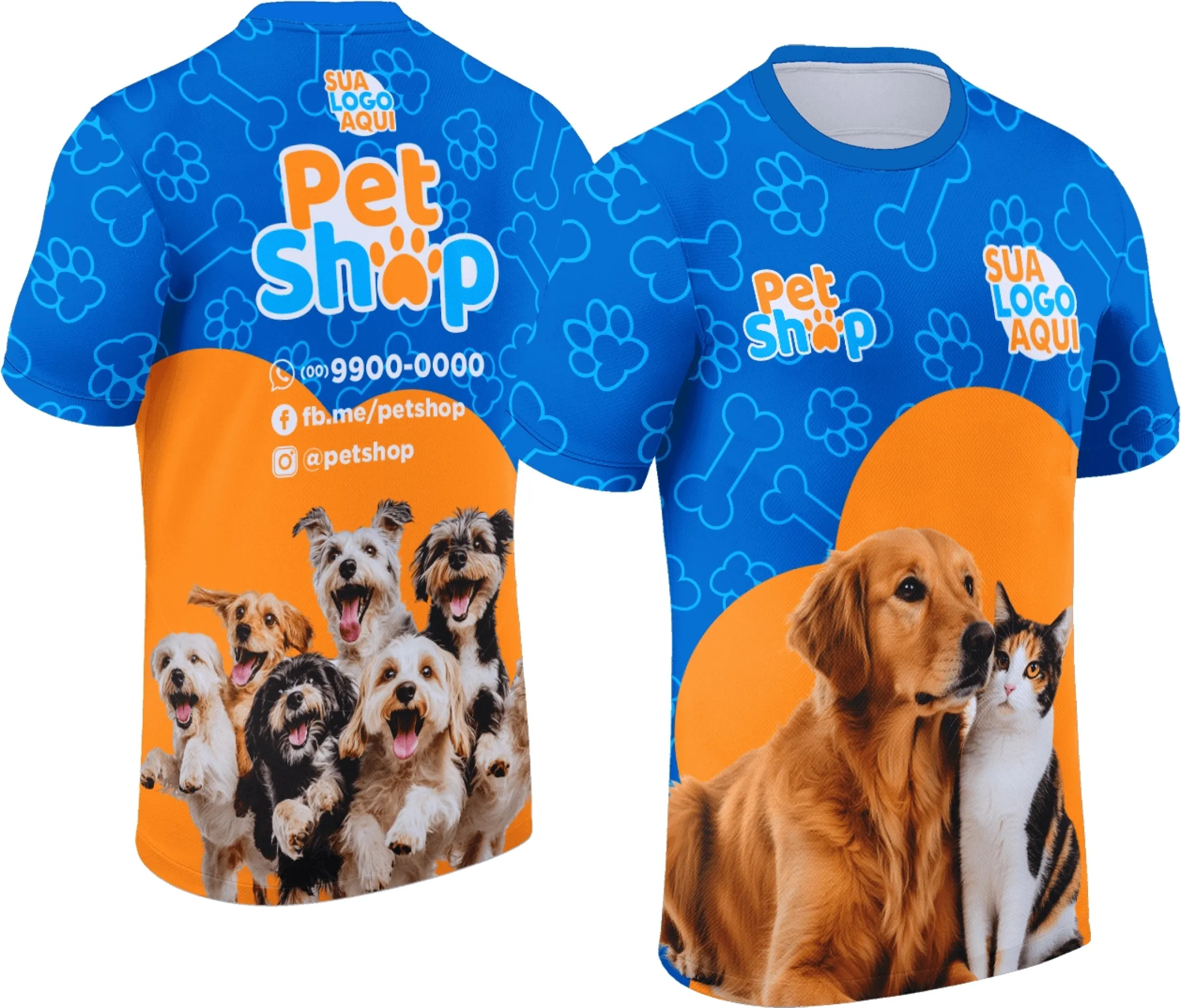 Camiseta unissex branca com logo no peito e estampa grande nas costas, tema Pet Shop Modelo 009, ideal para amantes de animais e profissionais do segmento pet.
