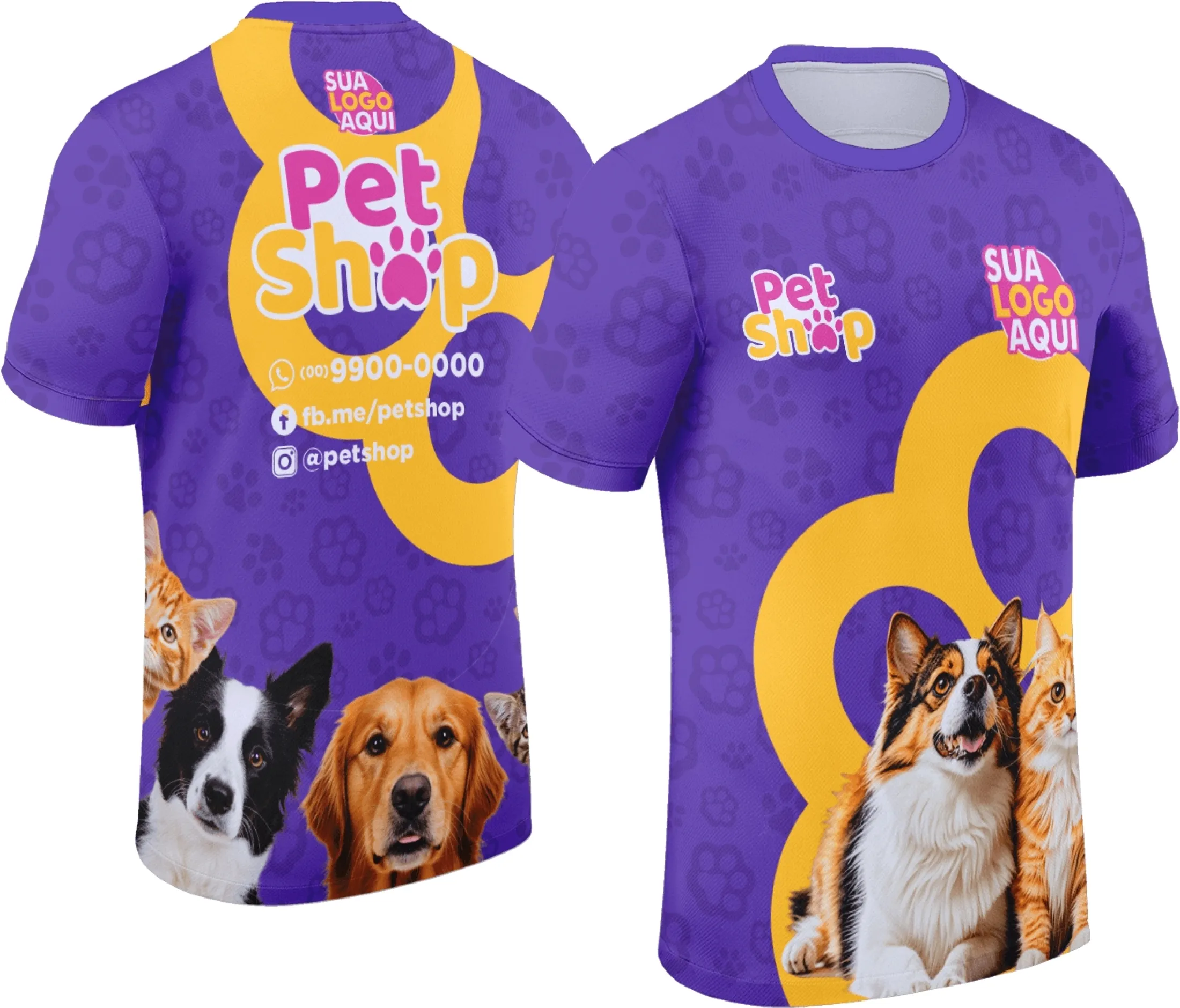 Camiseta unissex branca com logo no peito e estampa grande nas costas, tema Pet Shop Modelo 010, perfeita para amantes de animais e estilo casual.