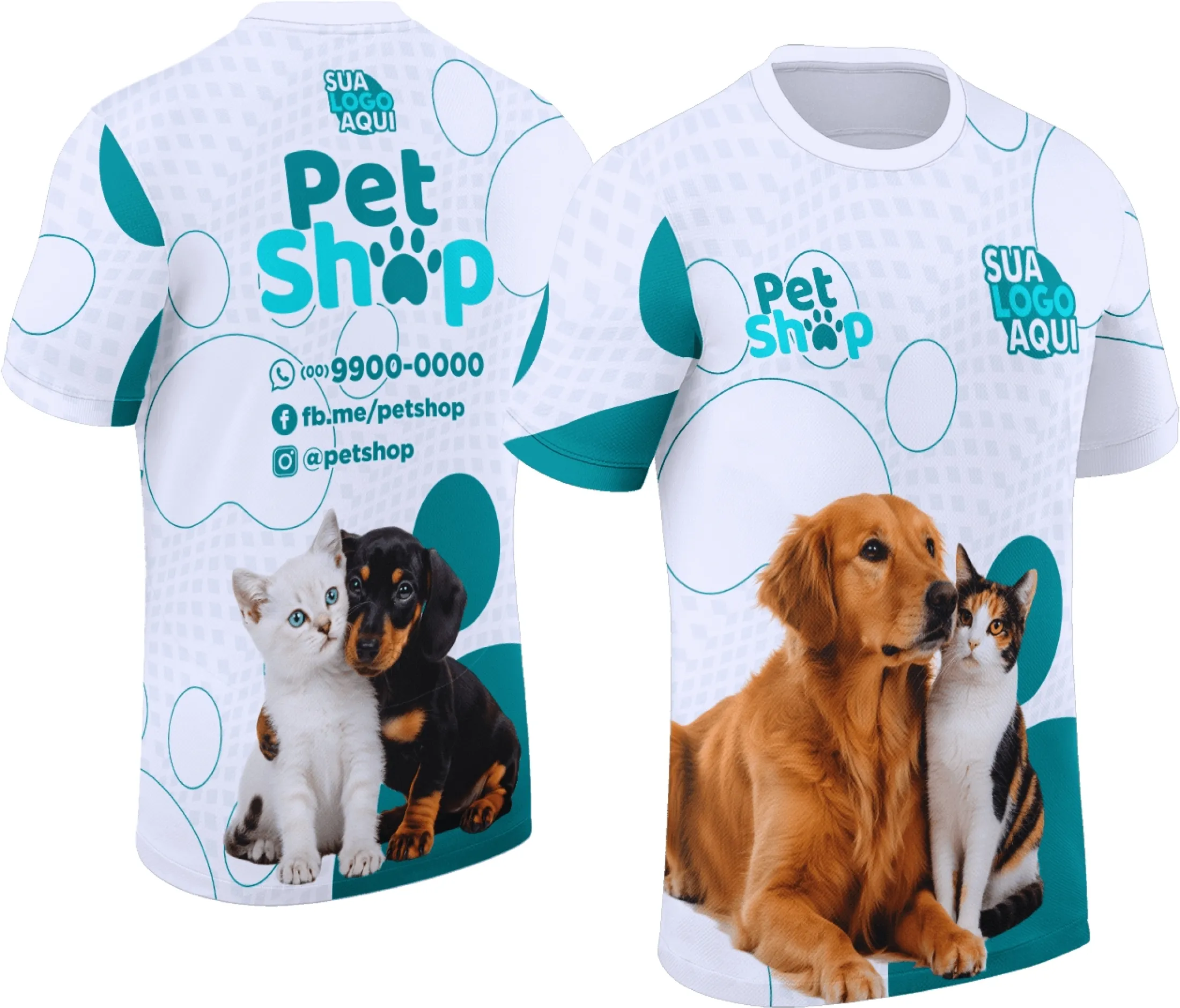 Camiseta unissex branca com logo no peito e estampa grande nas costas inspirada em Pet Shop, destacando conforto e estilo para cuidados com animais.