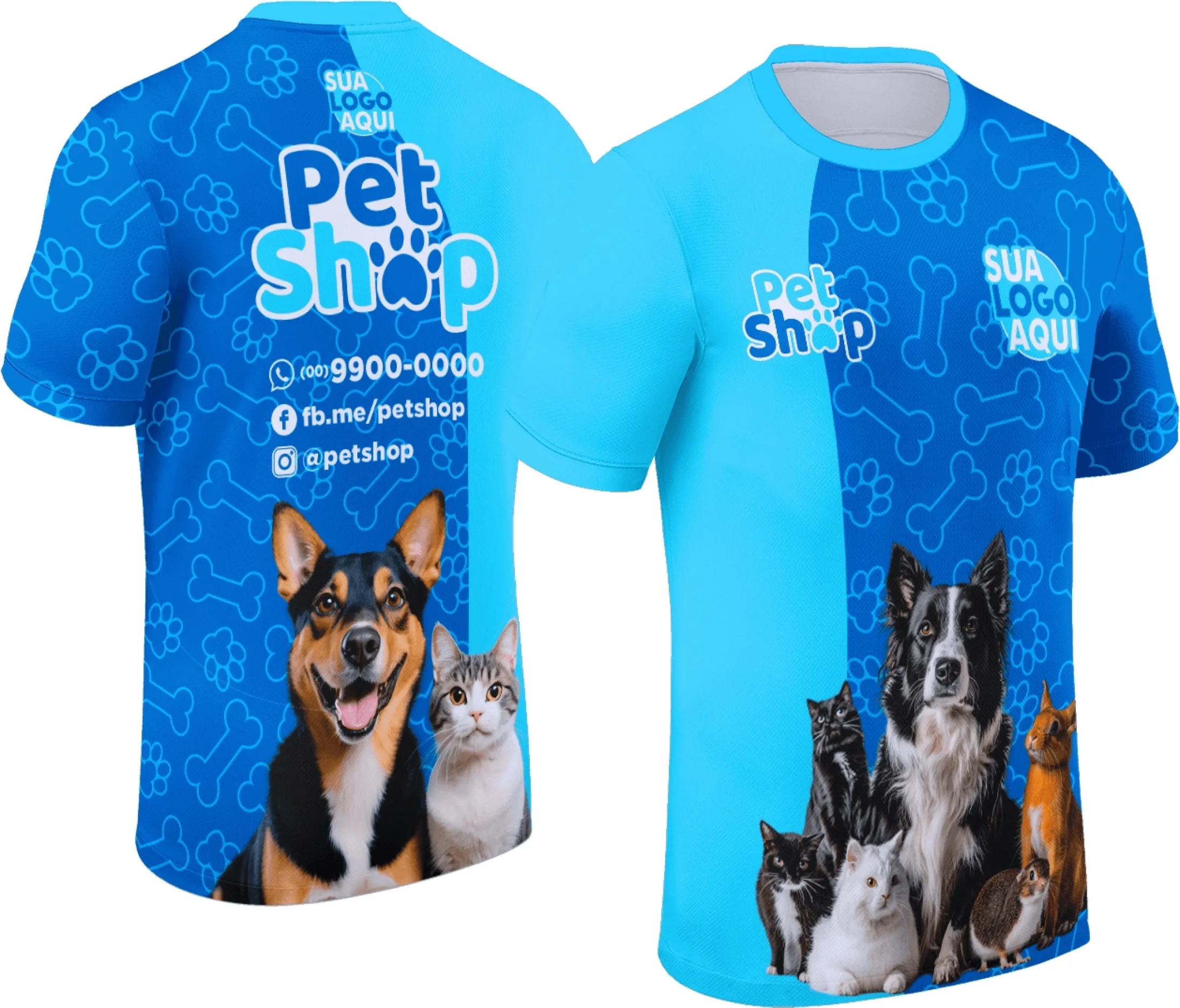 Camiseta unissex preta com logo no peito e estampa grande nas costas, tema Pet Shop Modelo 013, ideal para amantes de pets, confortável e moderna.