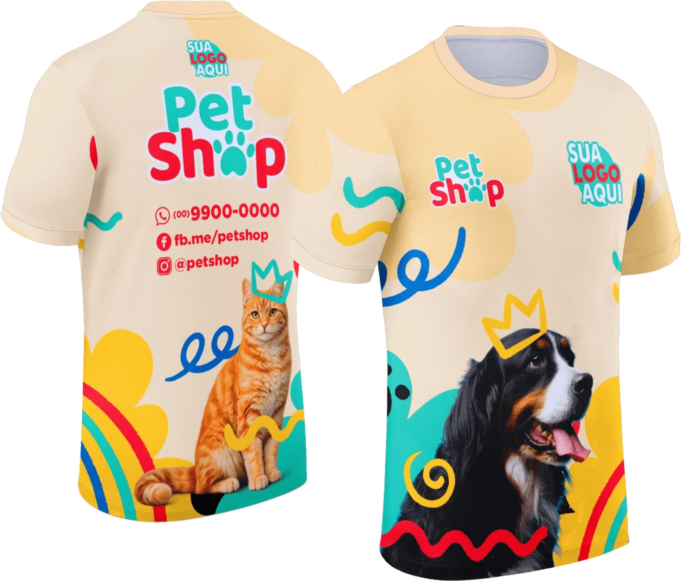 Camiseta unissex branca com logo no peito e estampa grande nas costas mostrando design Pet Shop Modelo 014, ideal para quem ama pets e quer estilo moderno.