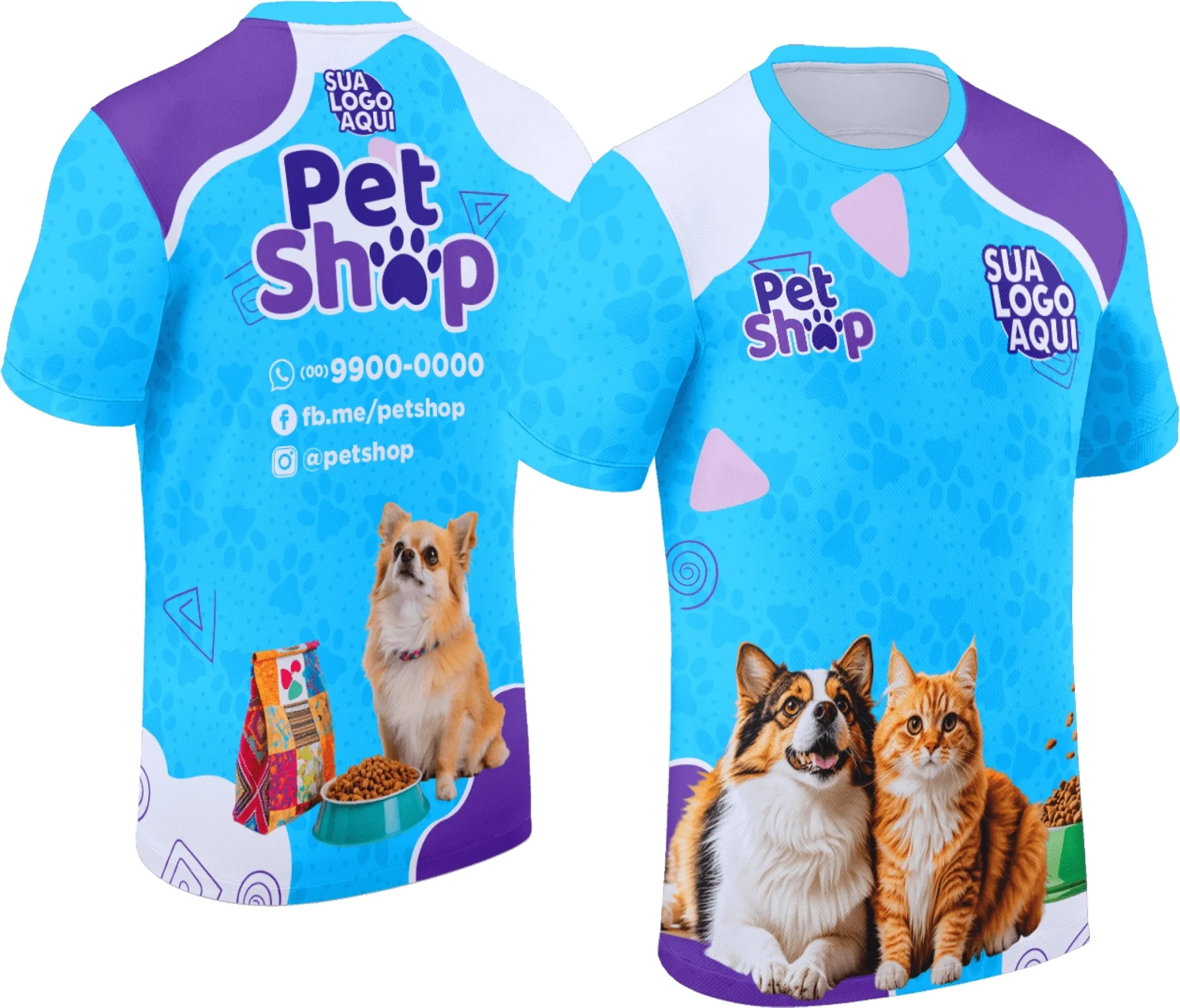 Camiseta unissex preta com logo no peito e estampa grande nas costas temática pet shop, estilo moderno e confortável para uso diário.