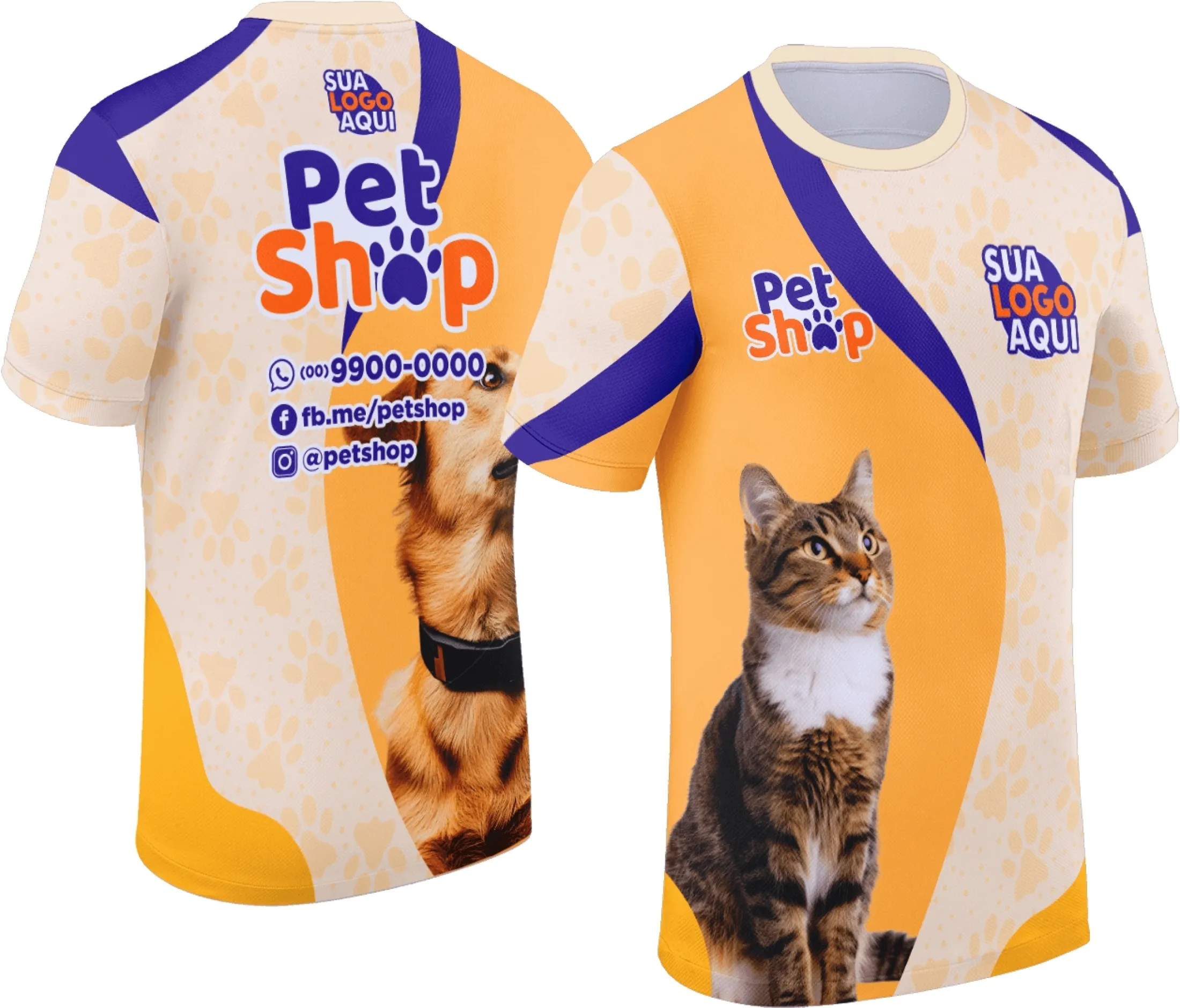Camiseta unissex preta com logo no peito e estampa grande nas costas com tema Pet Shop Modelo 019, design moderno e atraente para amantes de pets.