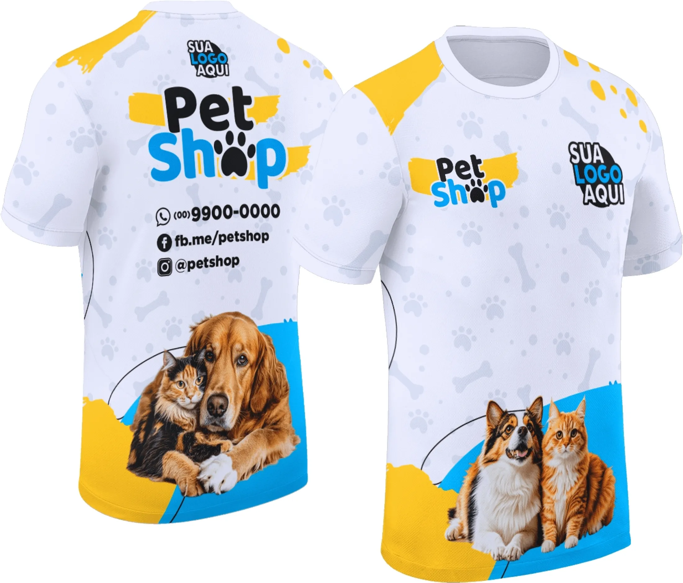 Camiseta unissex preta com logo no peito e estampa grande nas costas inspirada em pet shop, mostrando estilo moderno e descontraído para amantes de pets.