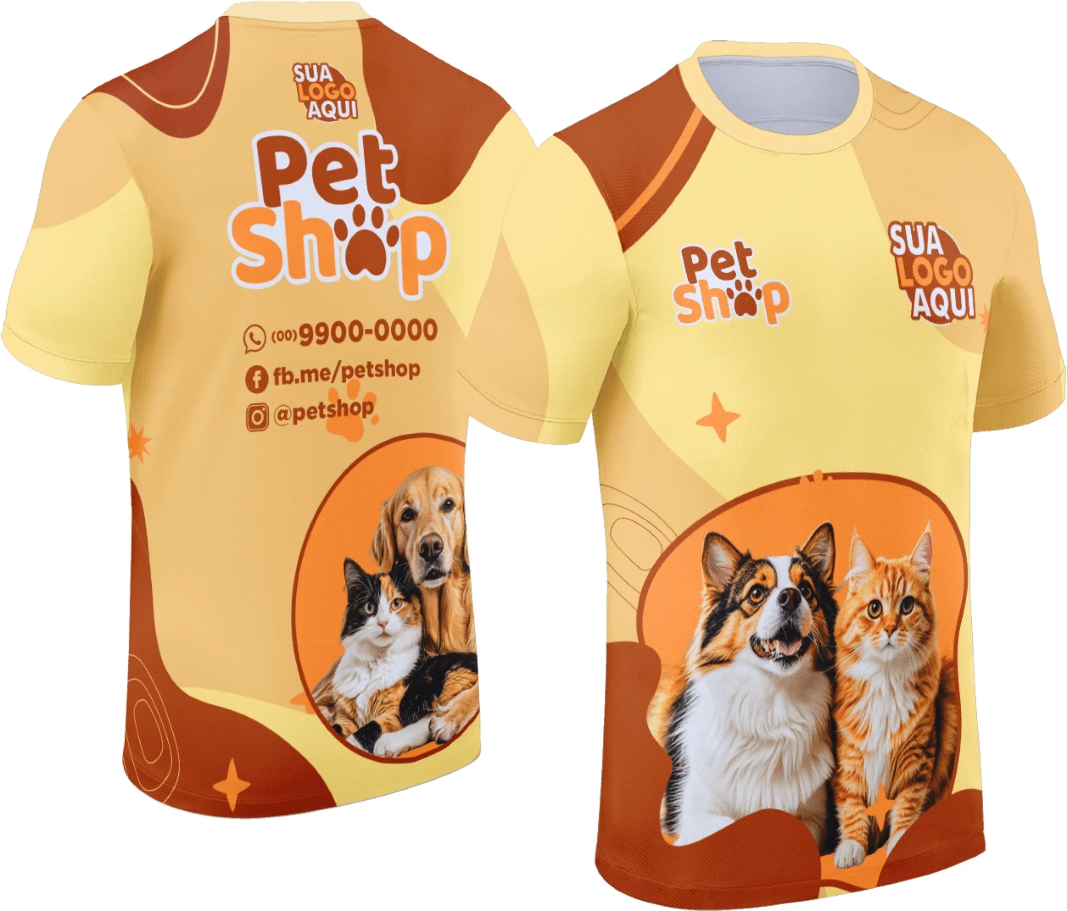 Camiseta unissex preta com logo no peito e estampa grande nas costas, estilo Pet Shop, ideal para clientes e fãs do segmento animal, visual moderno e atraente.