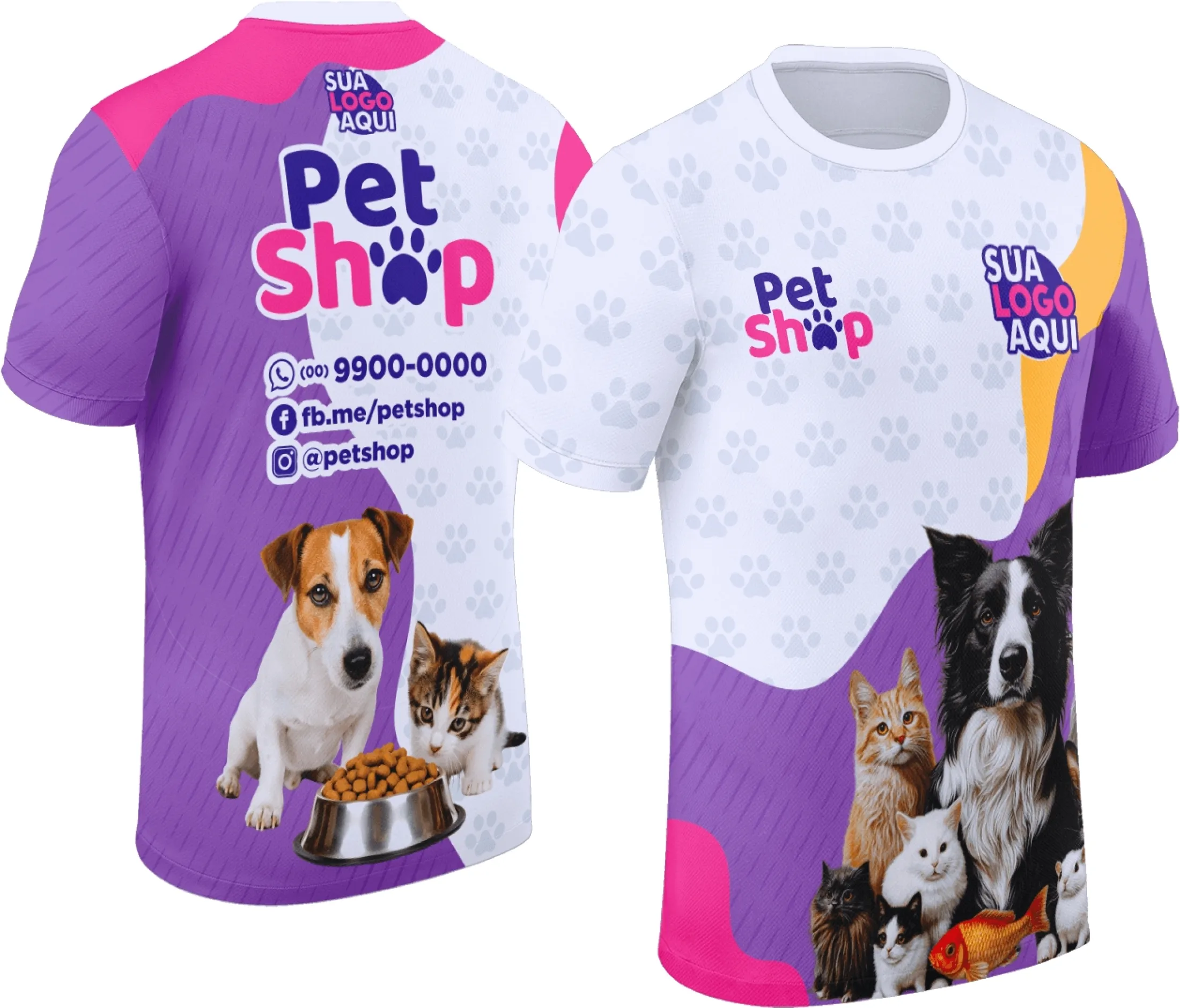 Camiseta unissex branca com logo no peito e estampa grande nas costas com tema de pet shop, ideal para amantes de animais e profissionais da área.