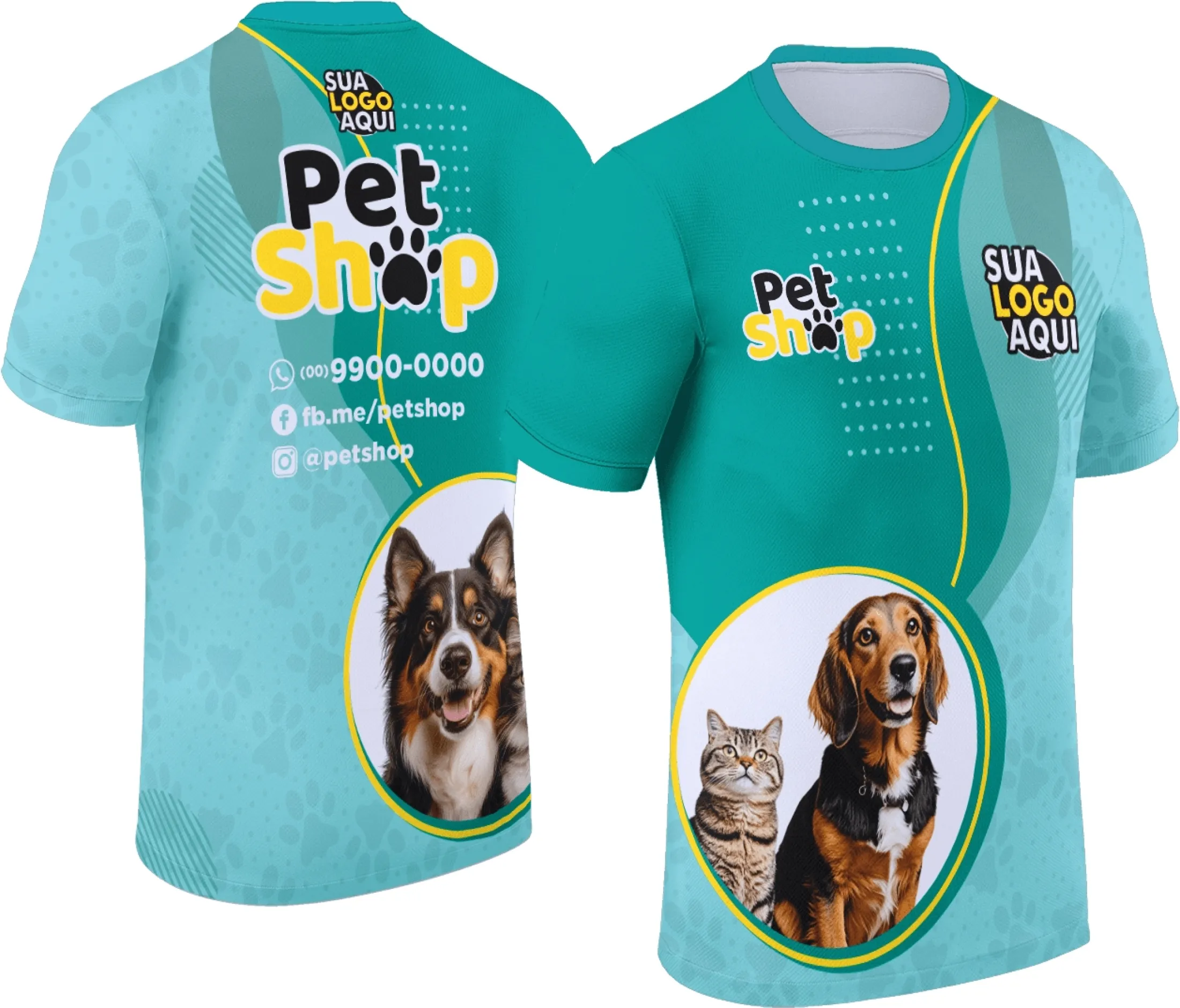 Camiseta unissex com base preta, logo no peito e estampa grande nas costas com tema Pet Shop, perfeita para uso casual e amantes de animais.
