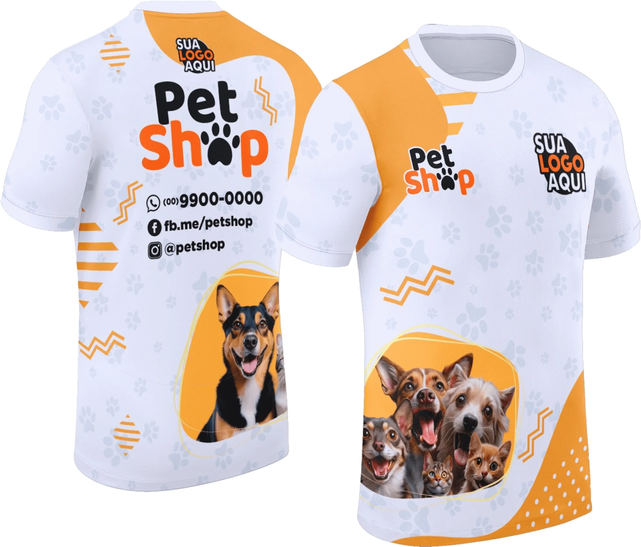 Camiseta unissex preta com logo no peito e estampa grande nas costas, com tema de Pet Shop, ideal para amantes de animais e serviços pet.