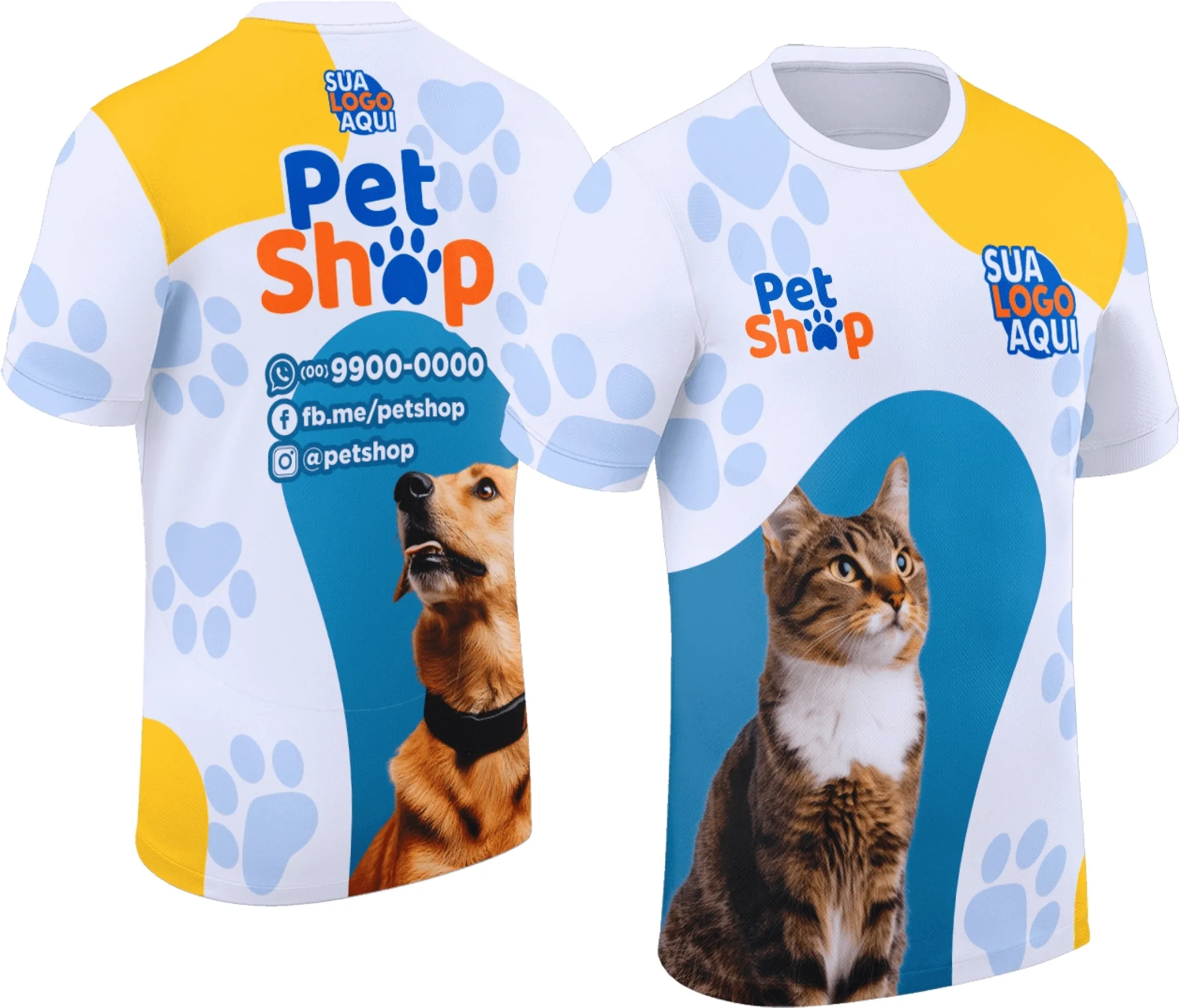Camiseta unissex branca com logo no peito e estampa grande nas costas com tema Pet Shop Modelo 030, perfeita para quem ama animais e quer um visual moderno e confortável.