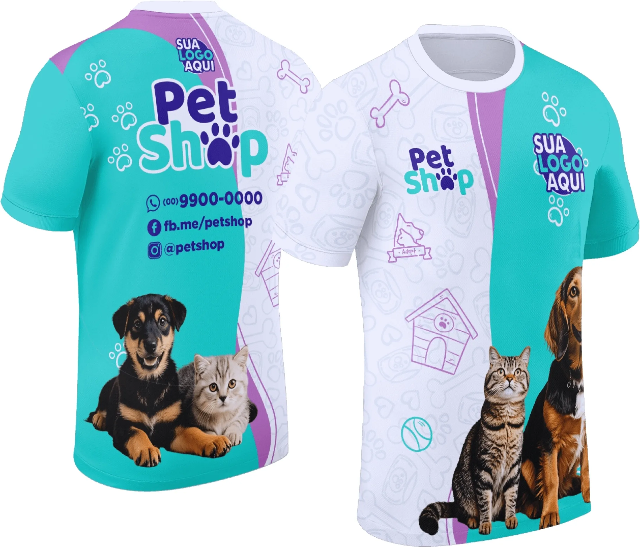 Camiseta unissex preta com logo no peito e estampa grande nas costas de Pet Shop Modelo 031, ideal para apaixonados por pets.