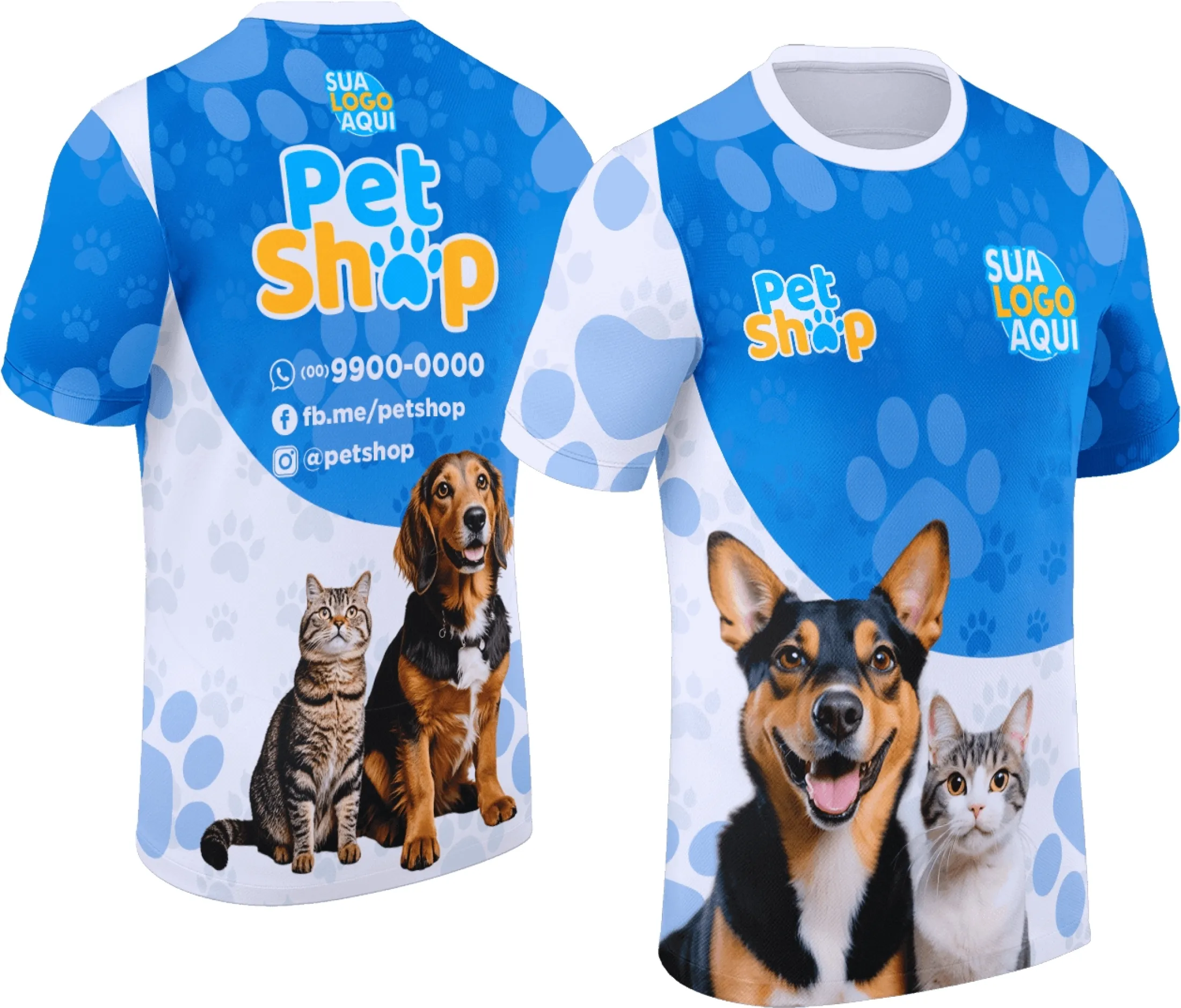 Camiseta unissex preta com logo no peito e estampa grande nas costas tema Pet Shop, ideal para quem ama animais e estilo casual confortável.