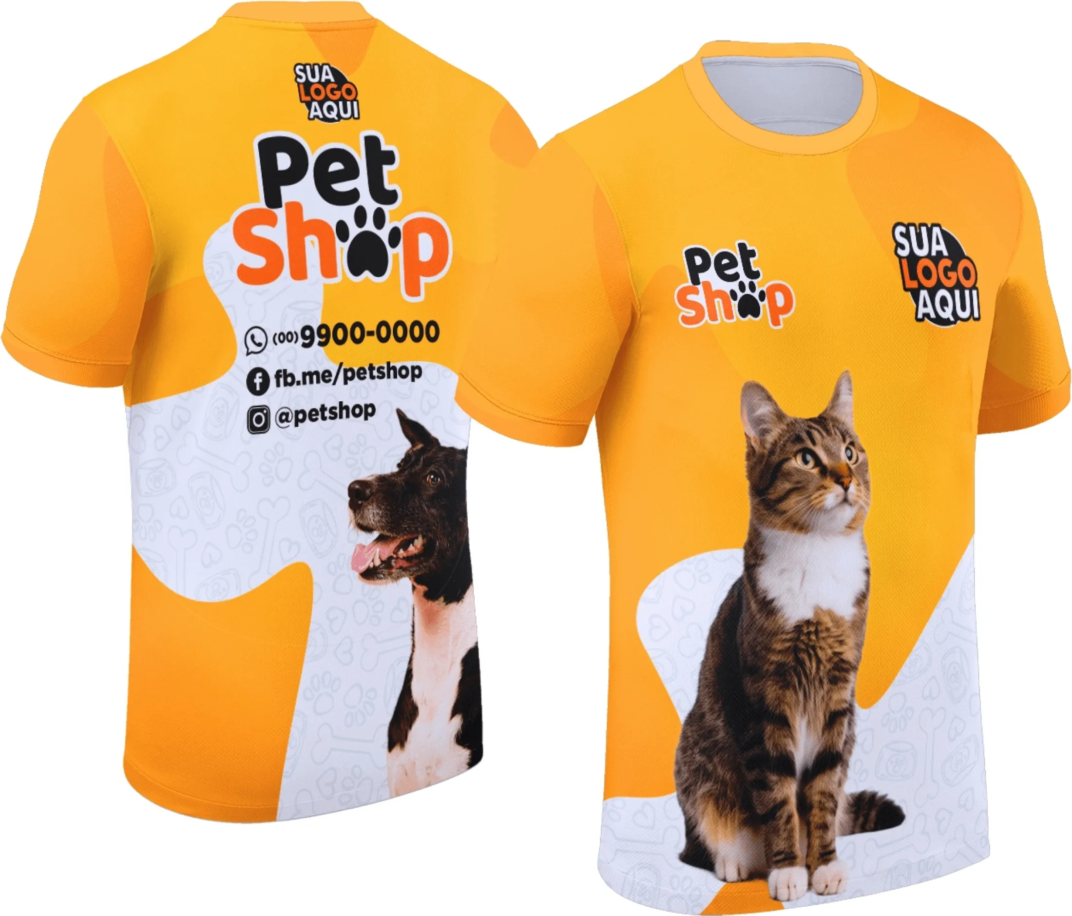 Camiseta unissex branca com logo no peito e estampa grande nas costas com tema Pet Shop Modelo 037, destacando estilo moderno e descontraído, perfeita para todos os amantes de pets.