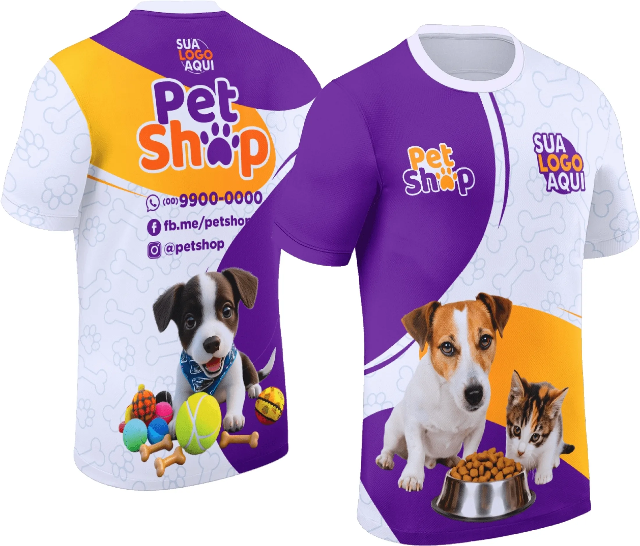 Camiseta unissex branca com logo no peito e estampa grande nas costas, tema Pet Shop Modelo 039, ideal para quem ama animais, destaque na qualidade da impressão.
