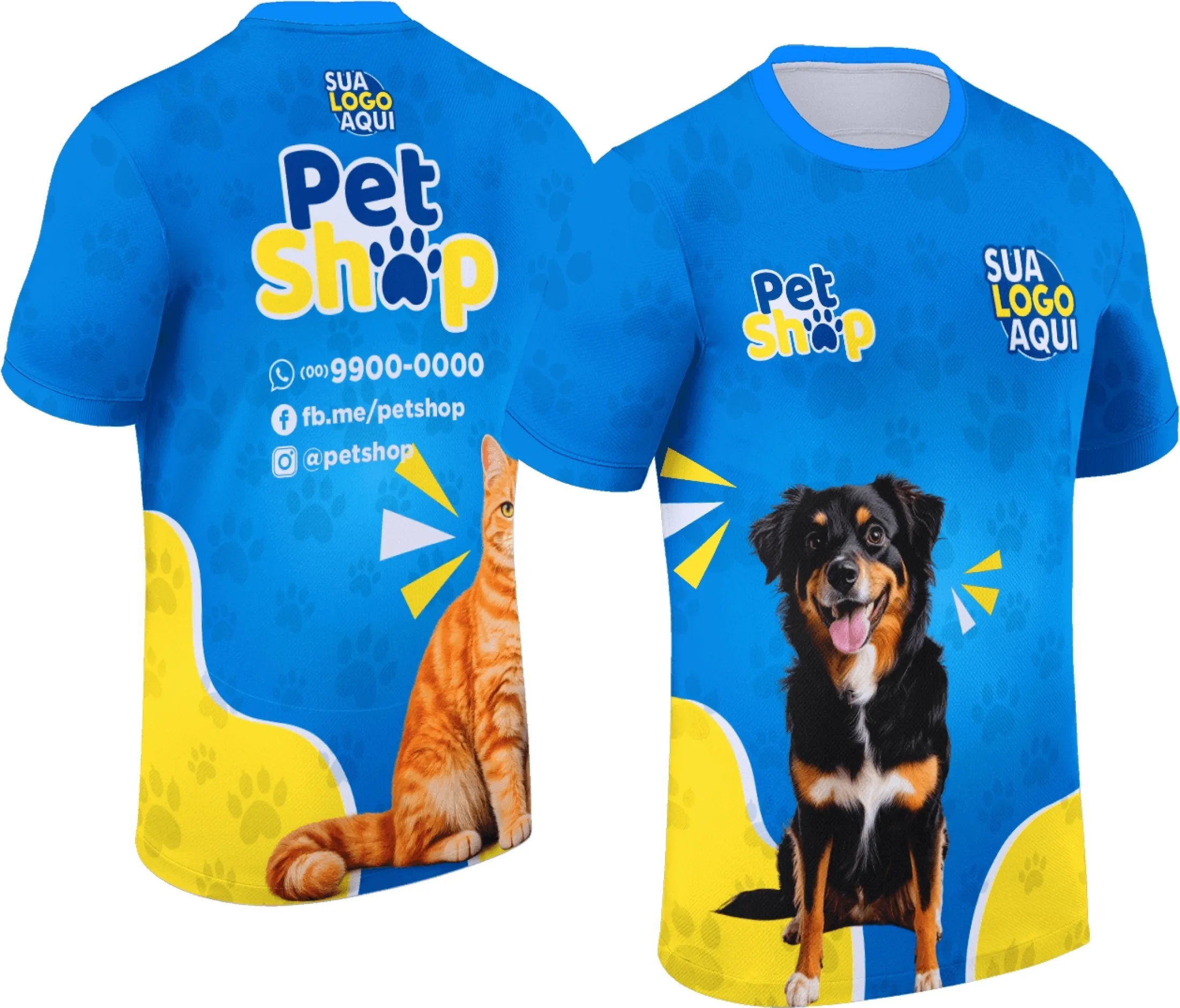 Camiseta unissex branca com logo no peito e estampa grande nas costas, tema Pet Shop, visual moderno e descontraído, perfeita para ambiente casual.