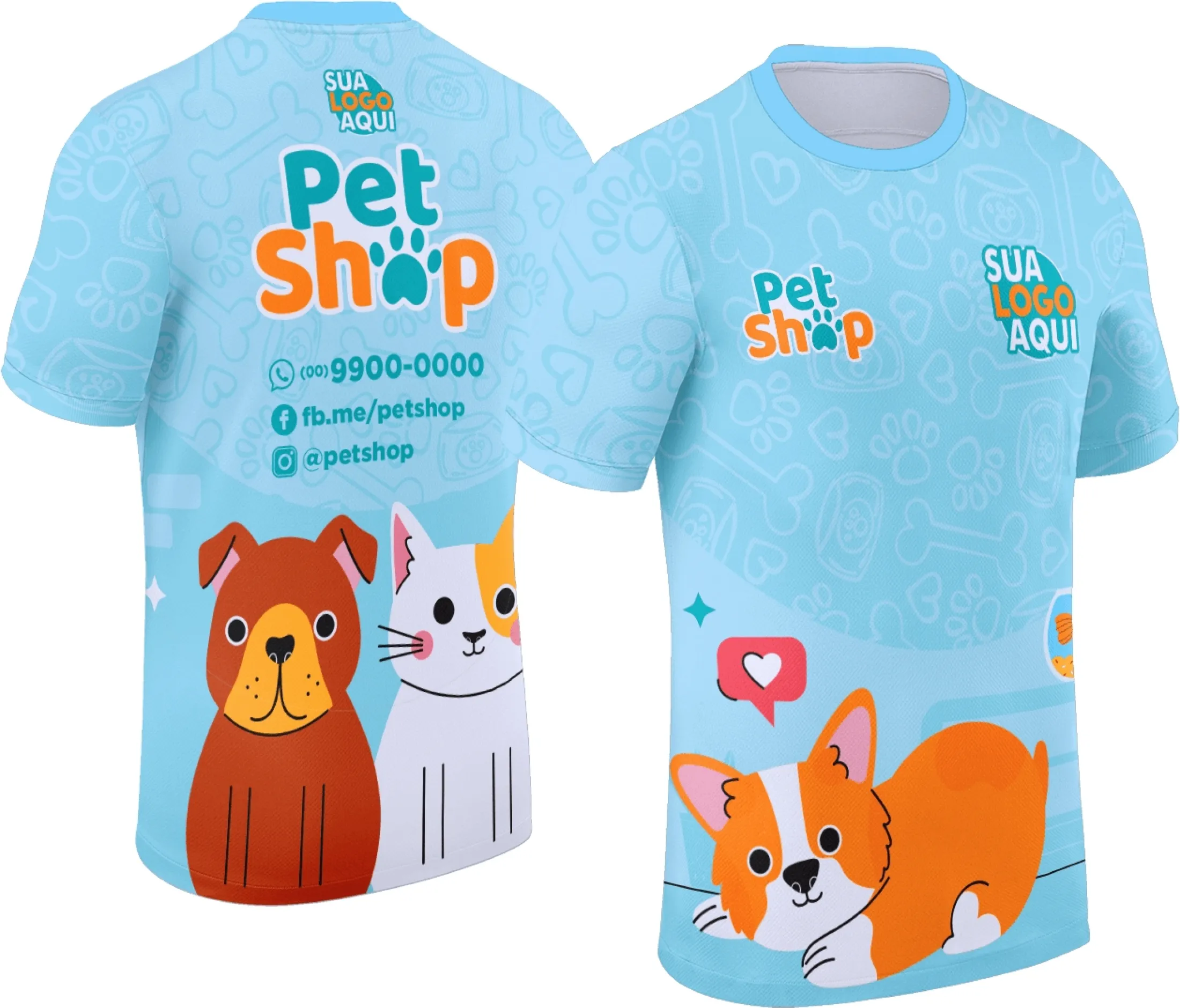 Foto de camiseta unissex preta com logo no peito e estampa grande nas costas com tema Pet Shop Modelo 042, ideal para amantes de pets em estilo moderno e confortável