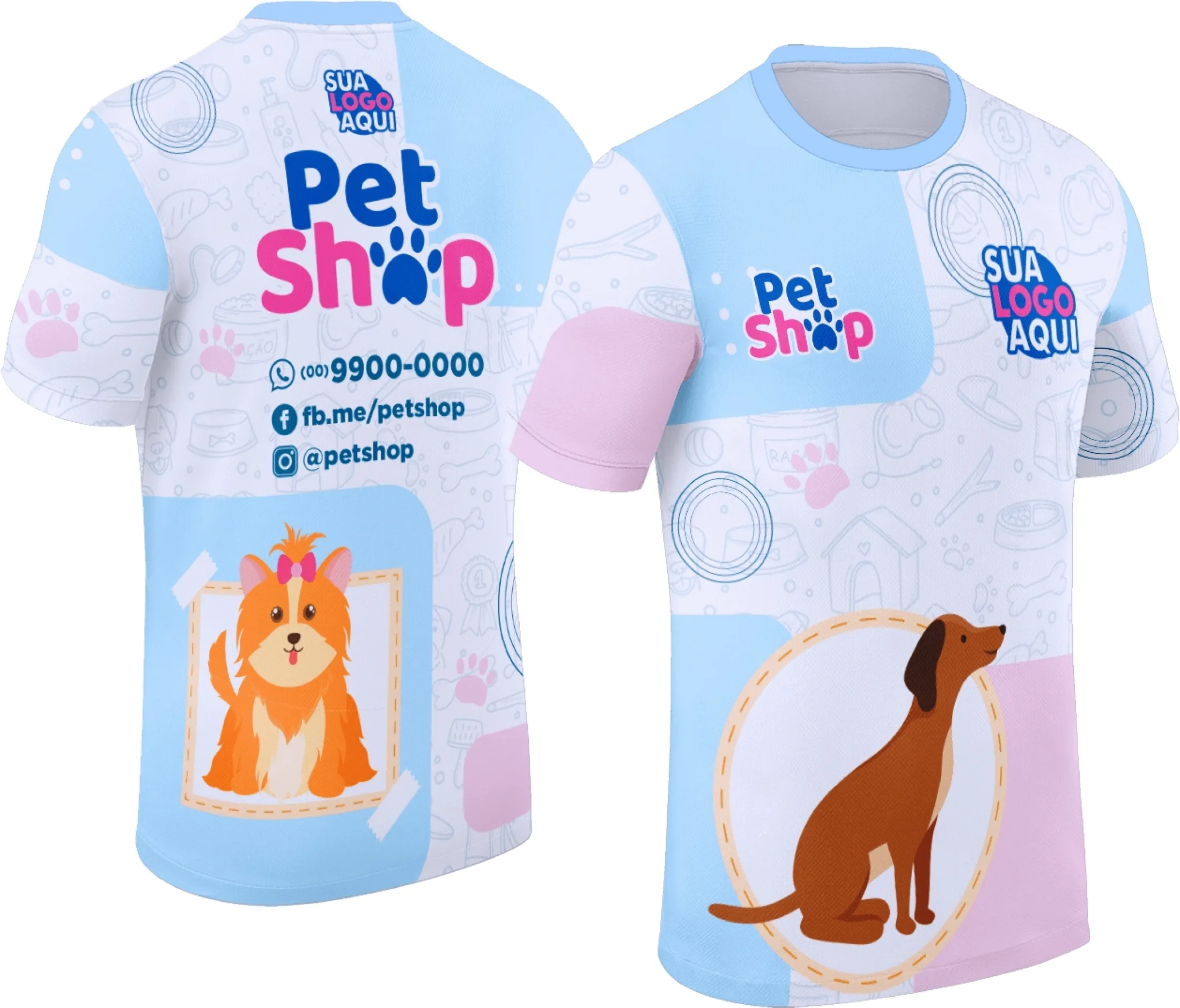 Camiseta unissex branca com logo no peito e estampa grande nas costas com tema Pet Shop Modelo 044, ideal para fãs de animais e estilo casual.