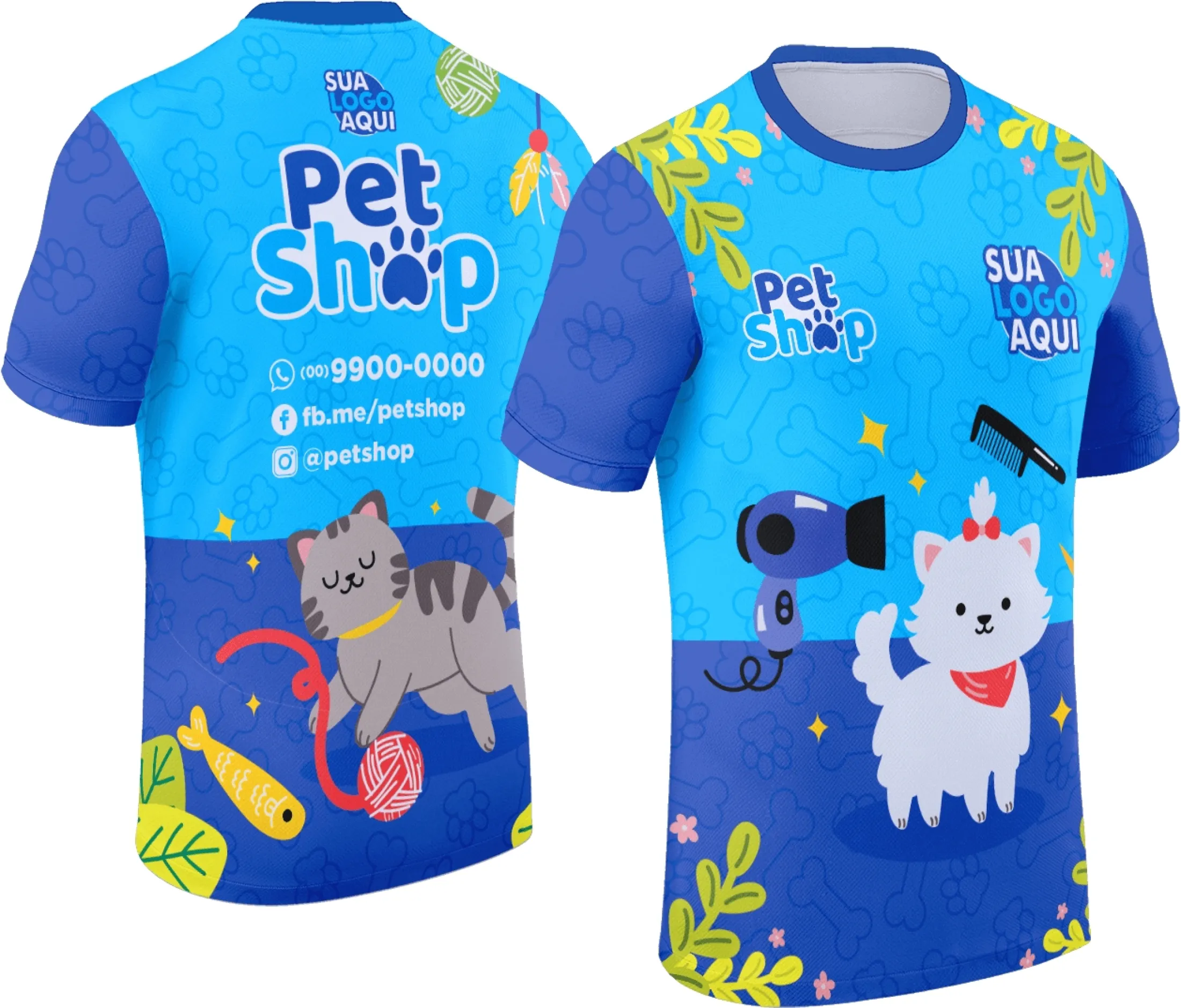 Camiseta unissex preta com logo no peito e estampa grande nas costas destacando tema de pet shop, ideal para clientes e amantes de animais.