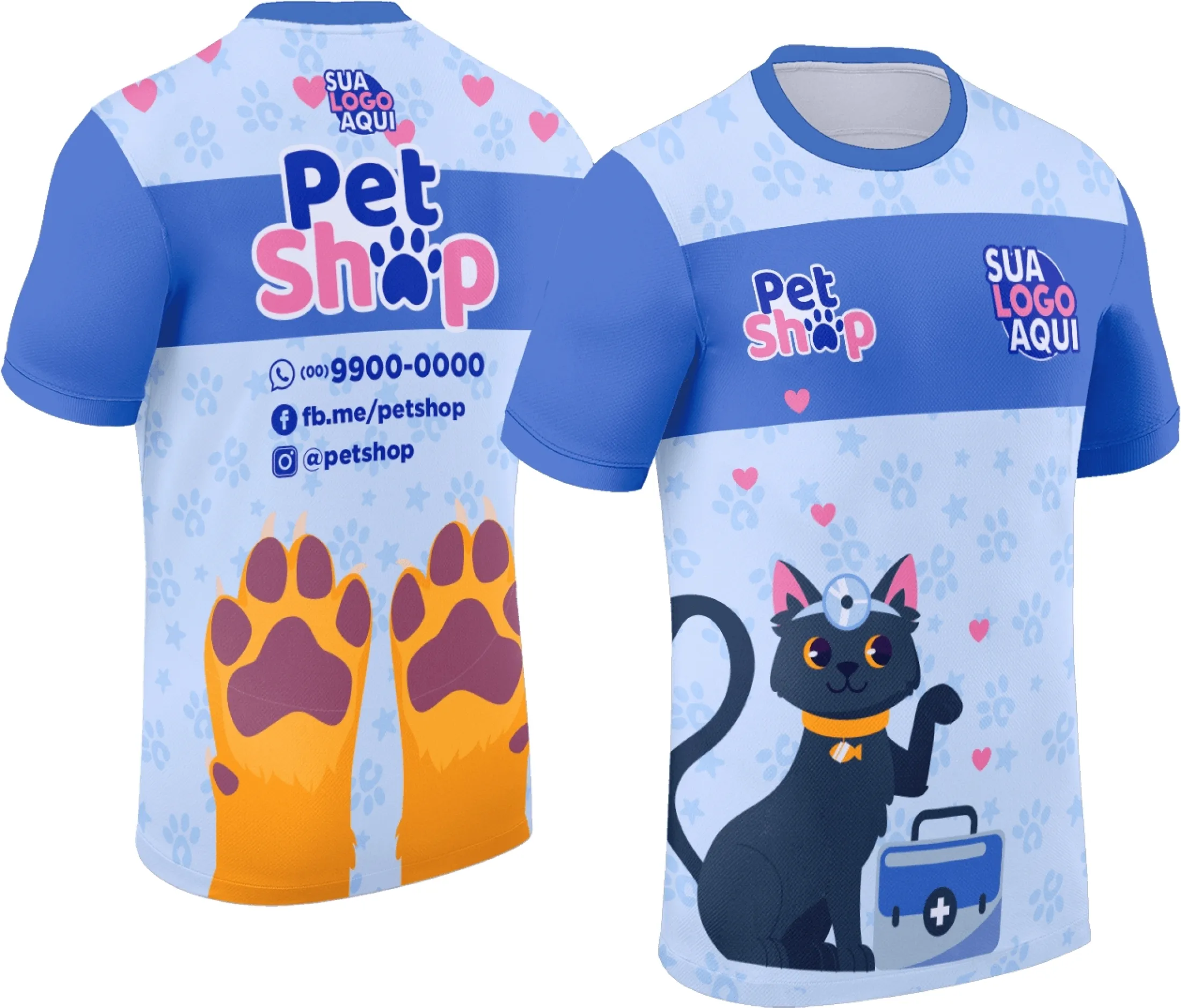 Camiseta unissex branca com logo no peito e estampa grande nas costas com tema Pet Shop Modelo 049, ideal para amantes de pets e loja do ramo.