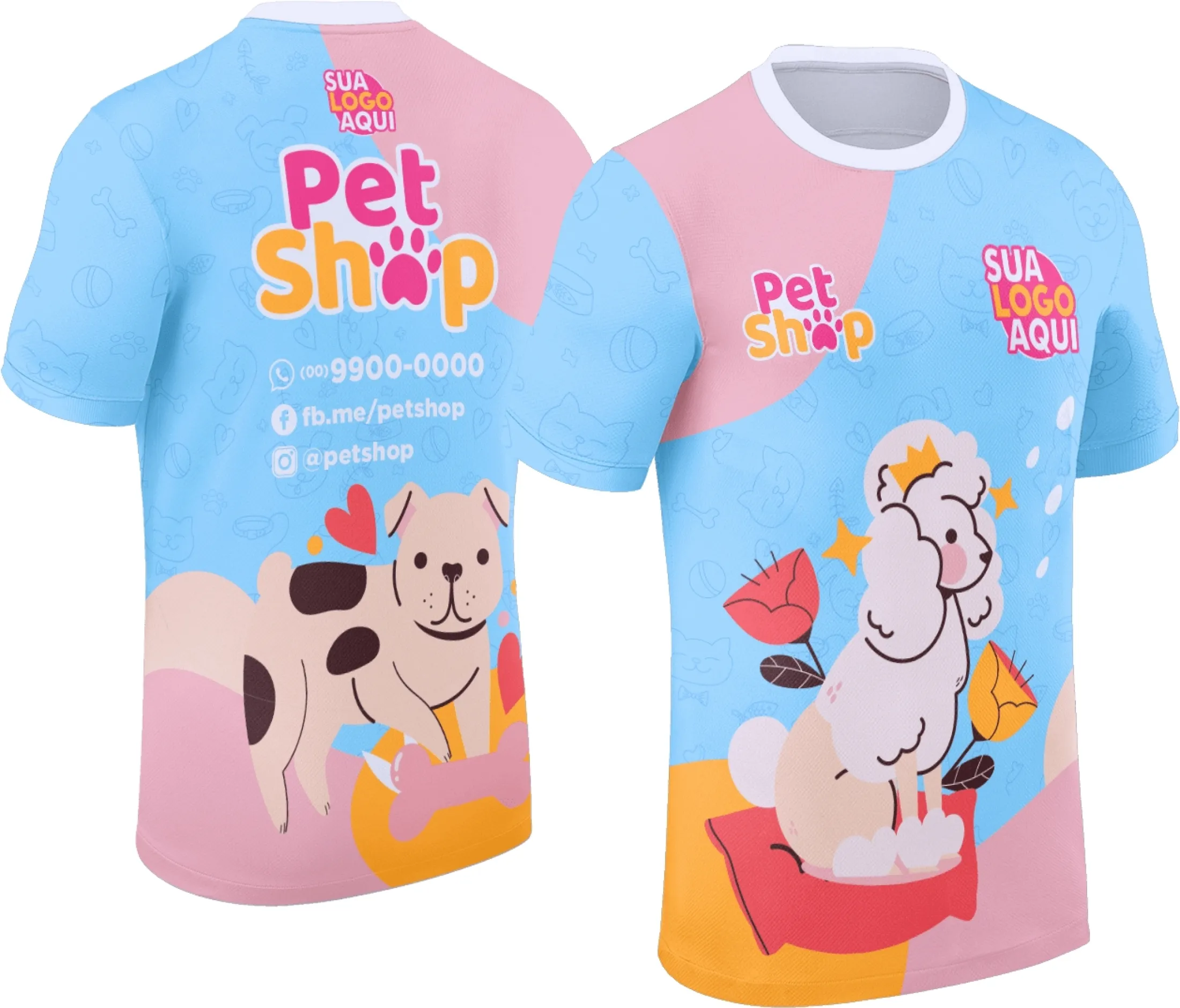 Camiseta unissex branca com logo no peito e estampa grande nas costas apresentando tema Pet Shop, ideal para quem ama animais e trabalha ou frequenta pet shops.