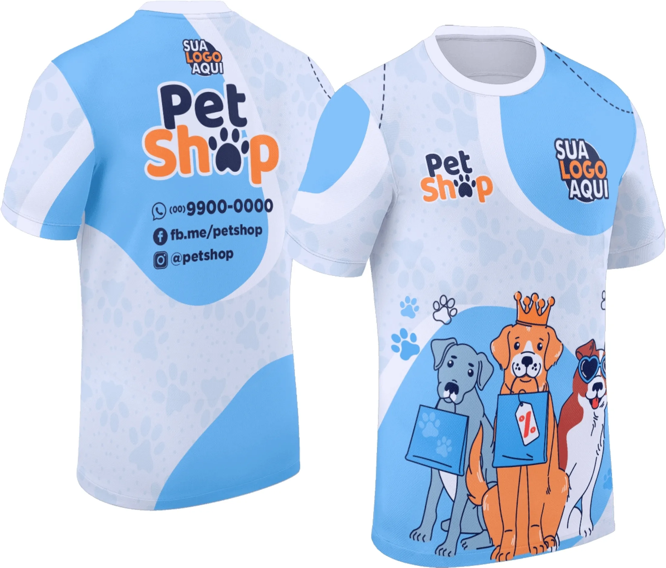 Camiseta unissex branca com logo no peito e estampa grande nas costas, tema Pet Shop modelo 051, ideal para quem ama animais e quer estilo confortável e moderno.