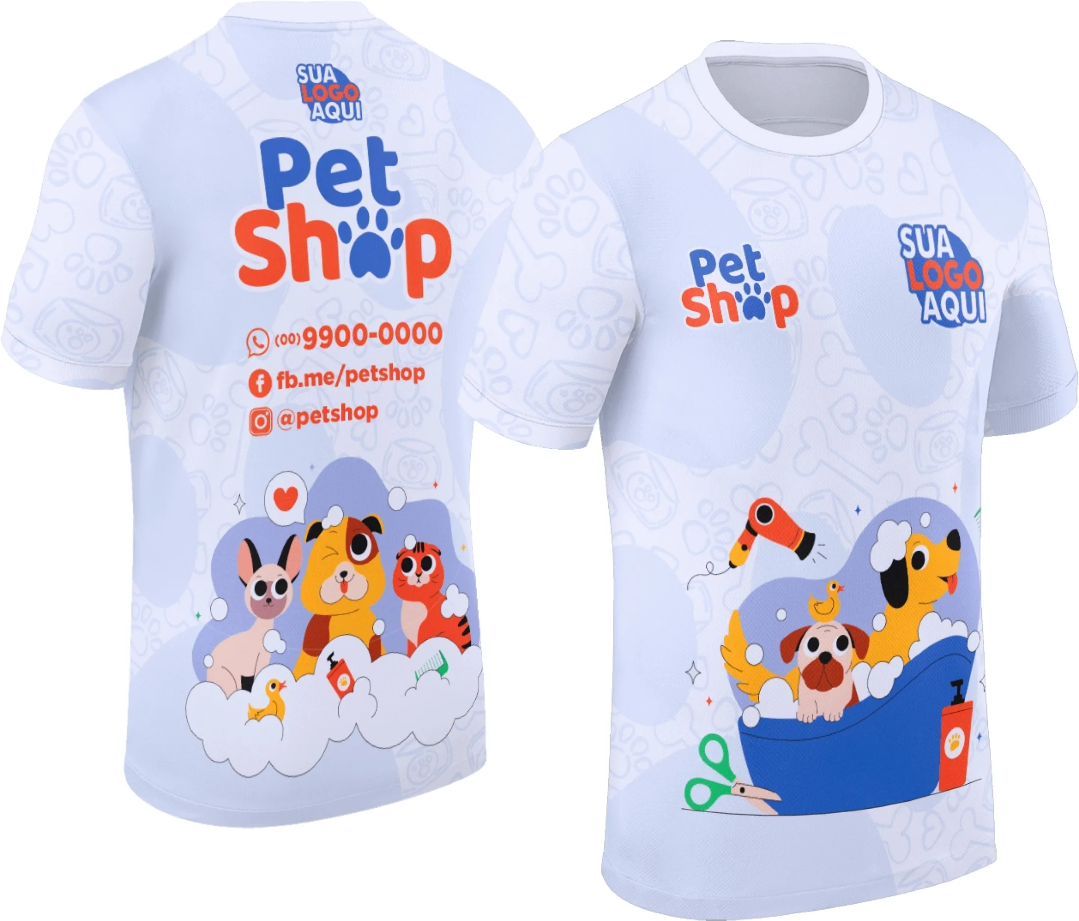 Camiseta unissex preta com logo no peito e estampa grande nas costas, temática Pet Shop Modelo 055, ideal para amantes de pets e estilo moderno.