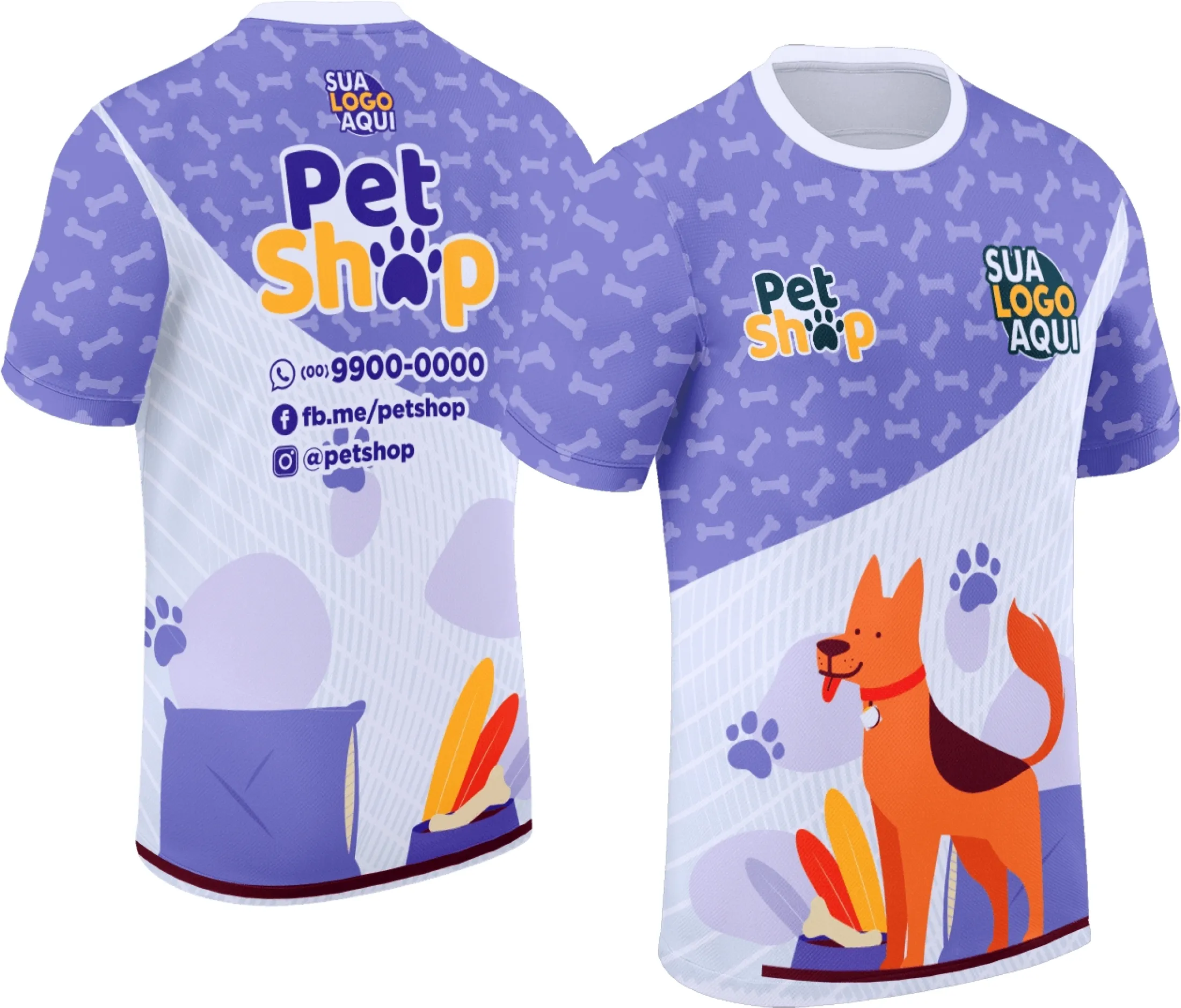 Camiseta unissex preta com logo no peito e estampa grande nas costas com tema pet shop, ideal para amantes de animais e lojistas do segmento.