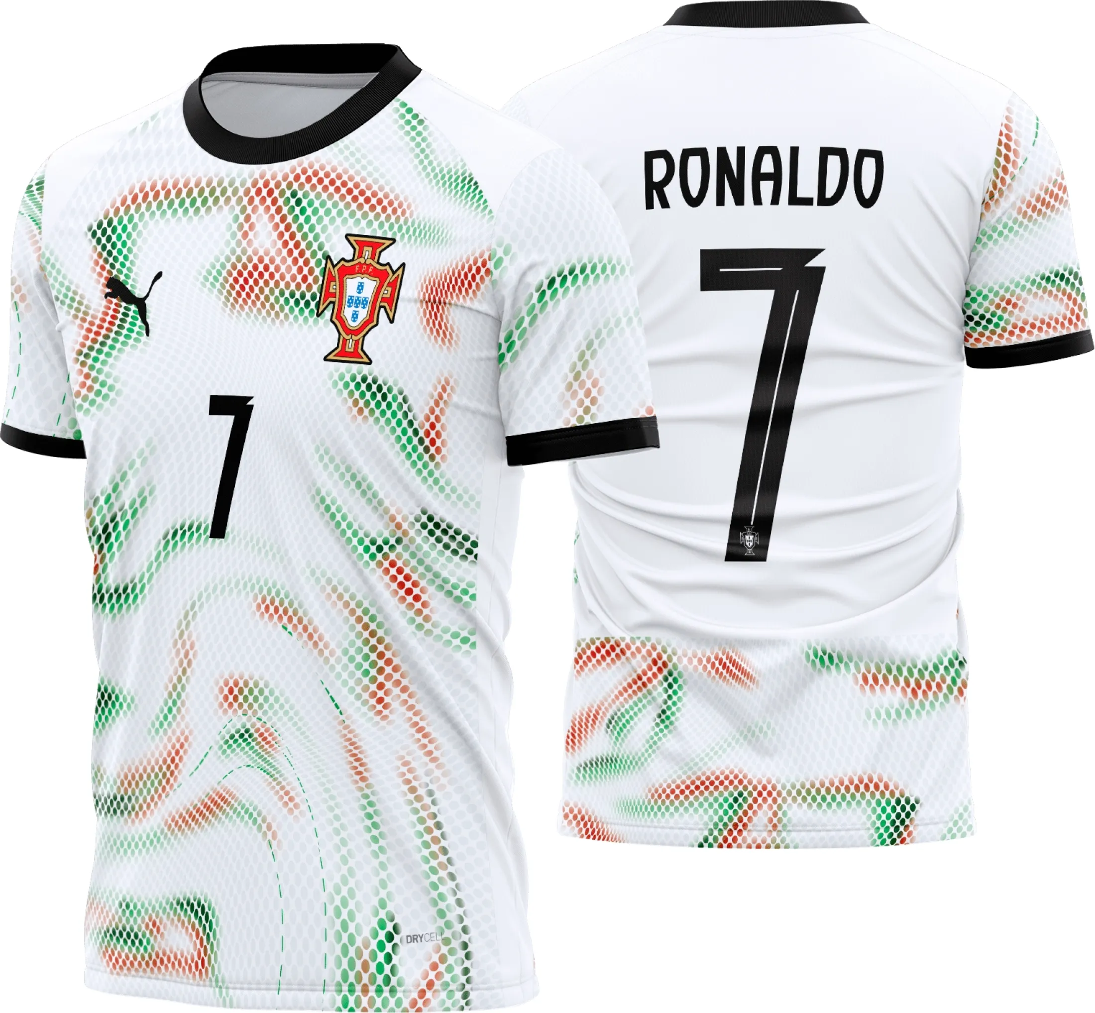 Camisa unissex preta com logo no peito e estampa grande nas costas inspirada na seleção de Portugal Reserva 2025-26, elegante e perfeita para fãs de futebol e moda esportiva.
