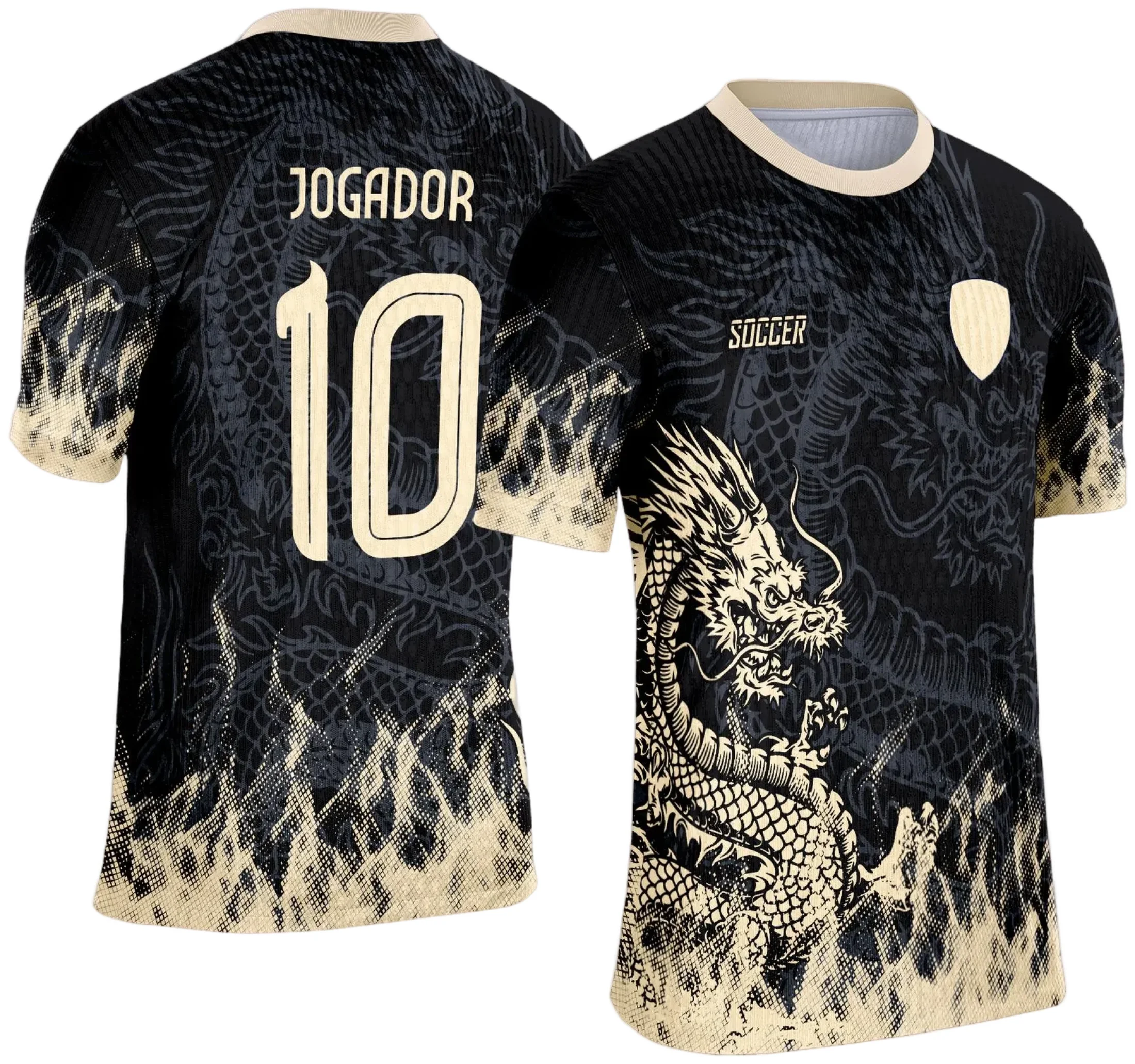Camiseta unissex preta com logo no peito e estampa grande nas costas com tema Dragão Dourado para Interclasse 2025, estilo moderno e impactante.
