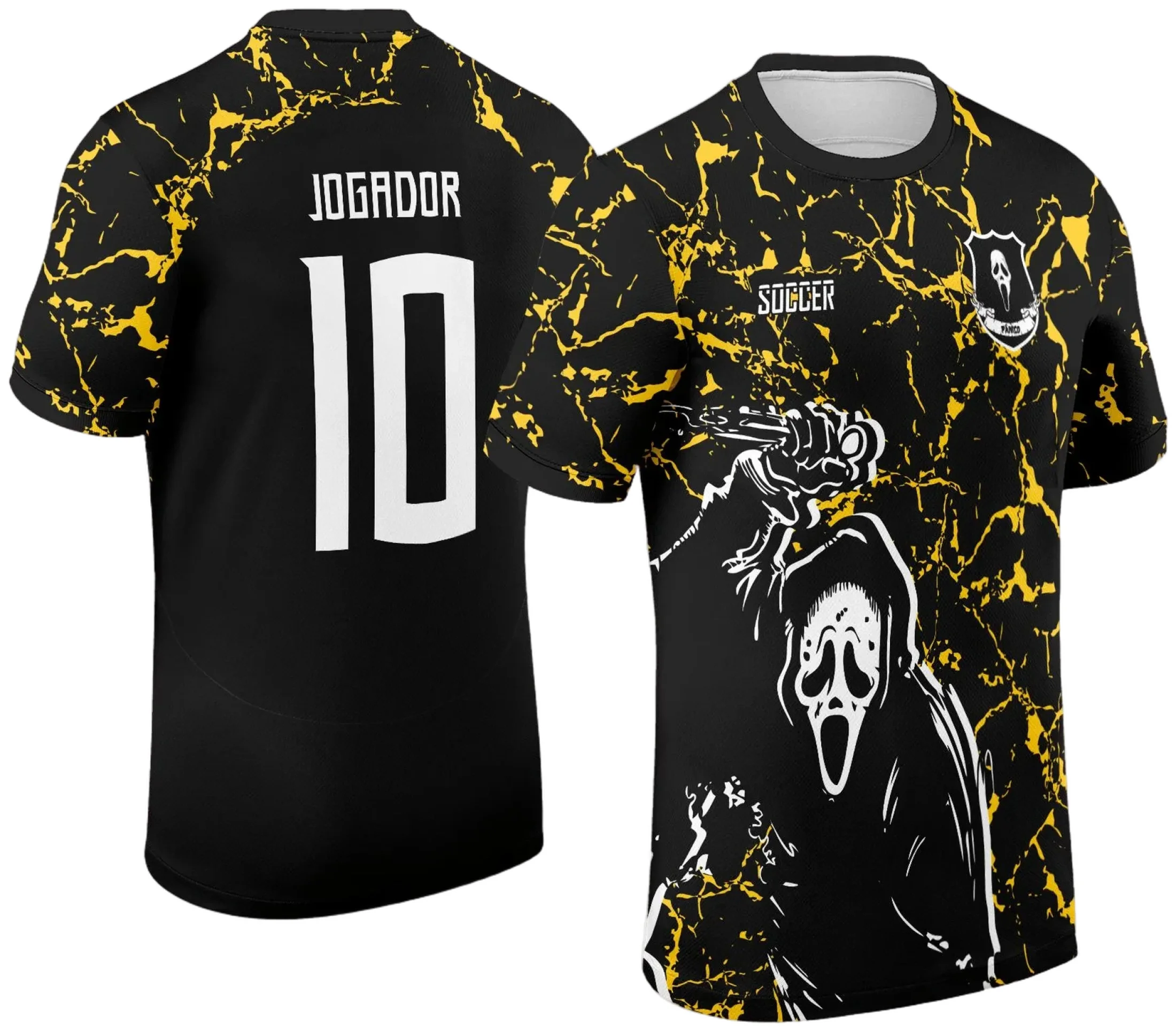 Camiseta unissex preta com logo no peito e estampa grande nas costas temática do Interclasse 2025 Pânico, perfeita para eventos escolares e grupos, estilo moderno e confortável.