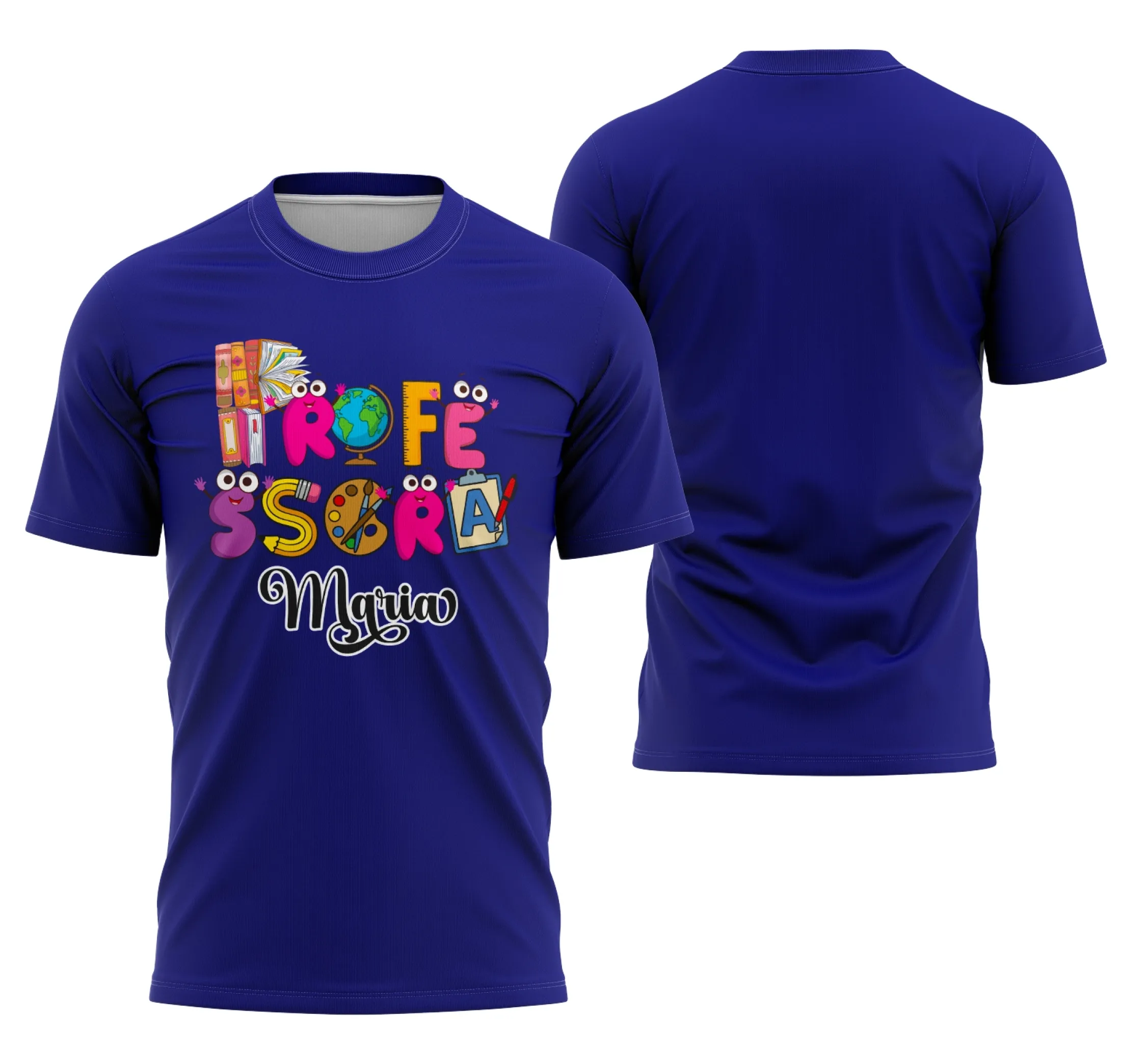 Camiseta unissex branca com logo no peito e estampa grande nas costas sobre tema de professora personalizada, ideal para uso escolar e eventos de educação.