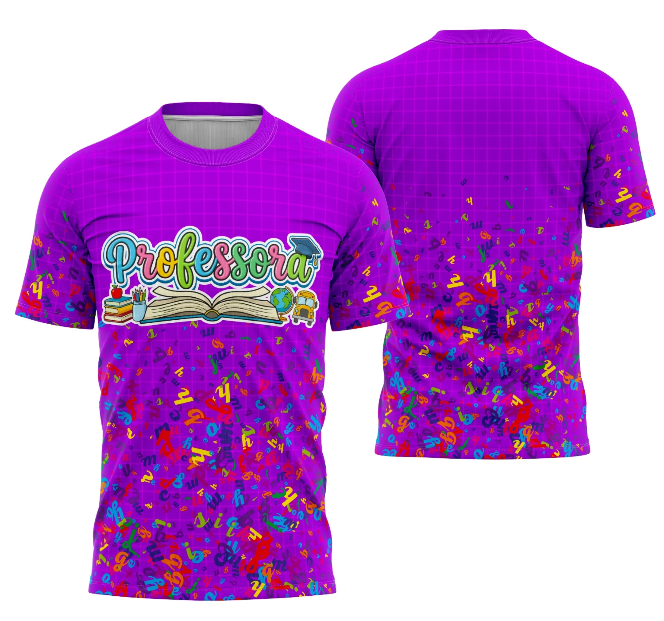 Camiseta unissex branca com logo no peito e estampa grande nas costas sobre o tema professora personalizada, ideal para quem valoriza o reconhecimento e carinho pela educação.