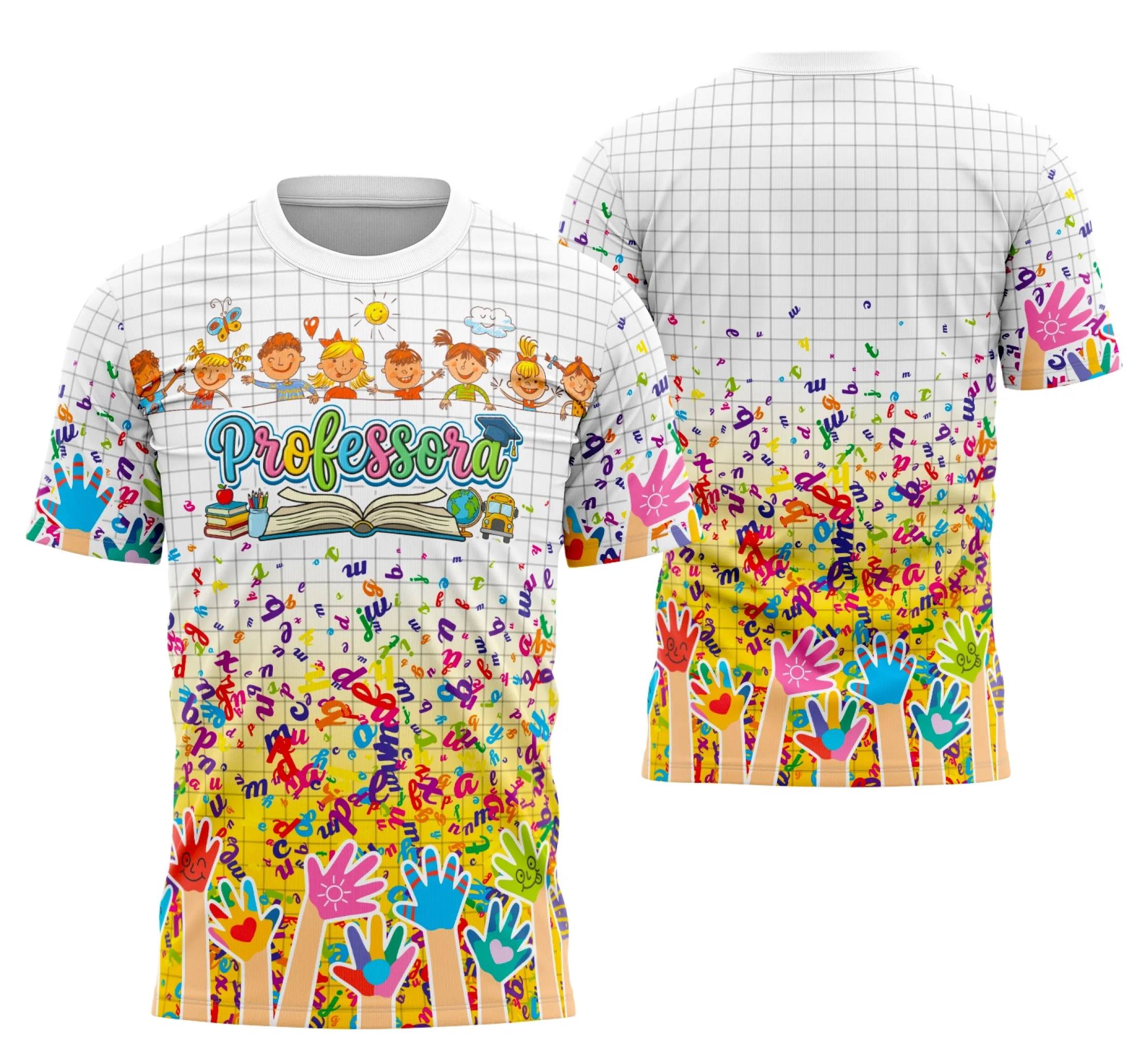 Camiseta unissex branca com logo no peito e estampa grande nas costas com desenho personalizado para professora, destacando amor e dedicação à educação.