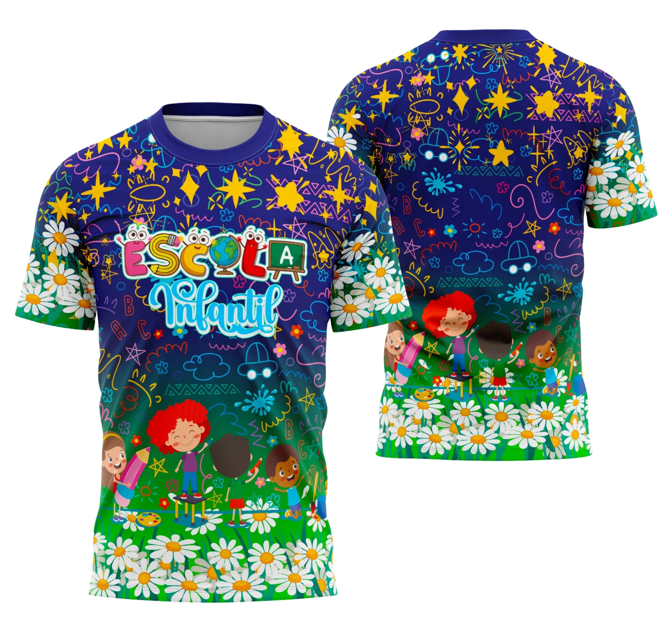 Camiseta unissex branca com logo no peito e estampa grande nas costas dedicada a professores, design elegante e moderno, ideal para uso diário e eventos escolares.