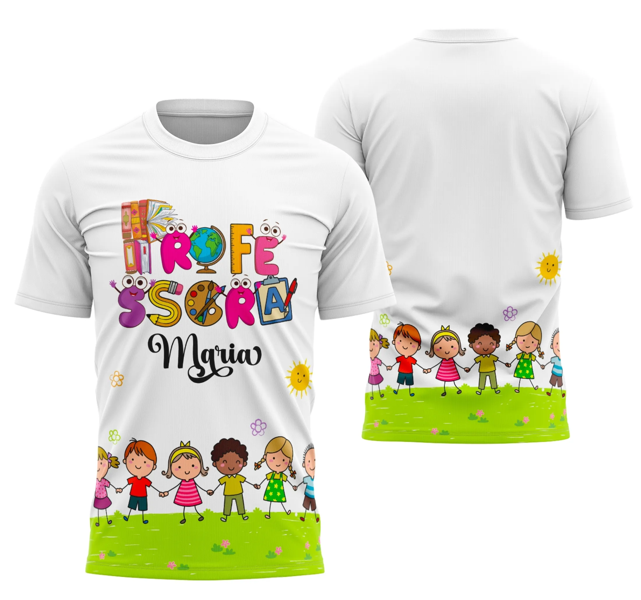 Camiseta unissex branca com logo no peito e estampa grande nas costas temática professora personalizada, ideal para uso casual e eventos escolares.