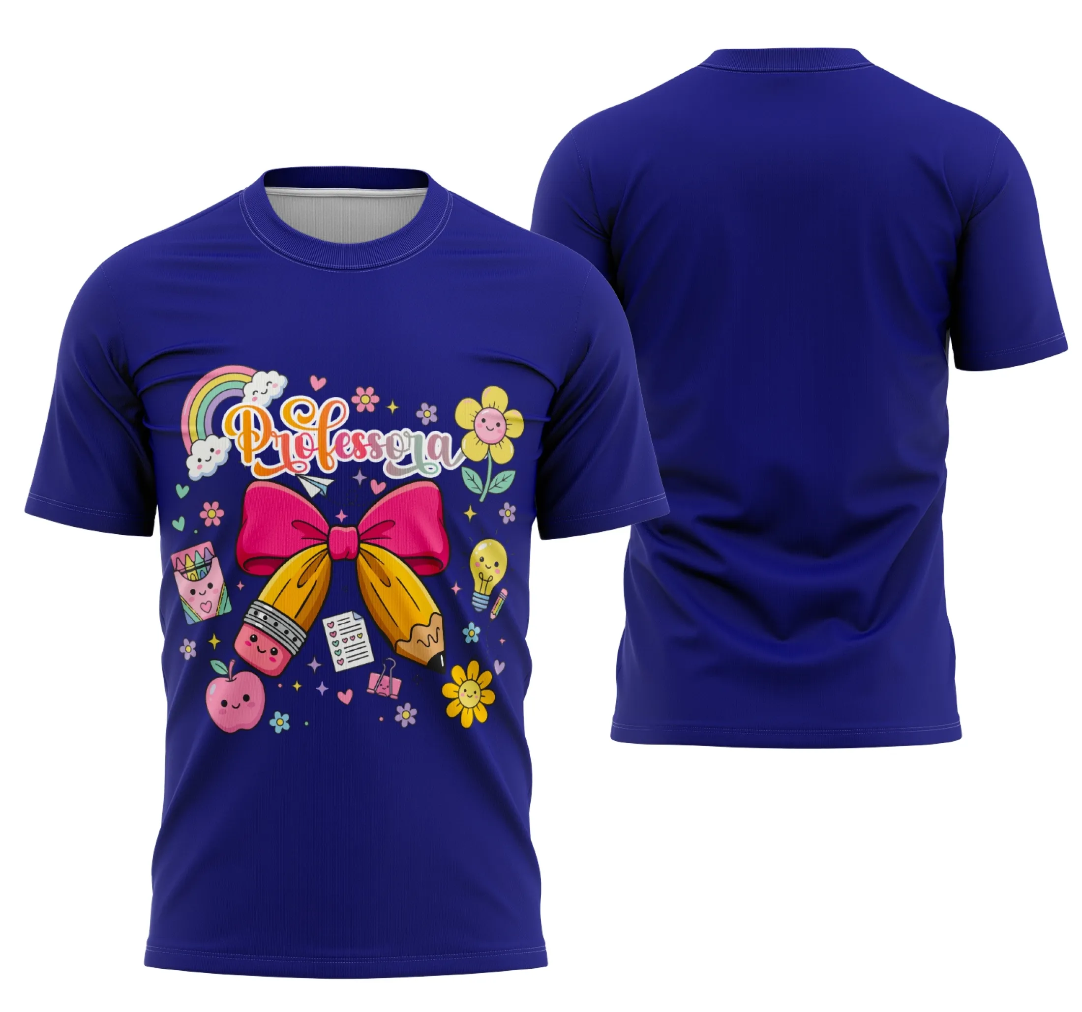 Camiseta unissex branca com logo no peito e estampa grande nas costas com tema de professora personalizada, design que destaca orgulho e dedicação à profissão.