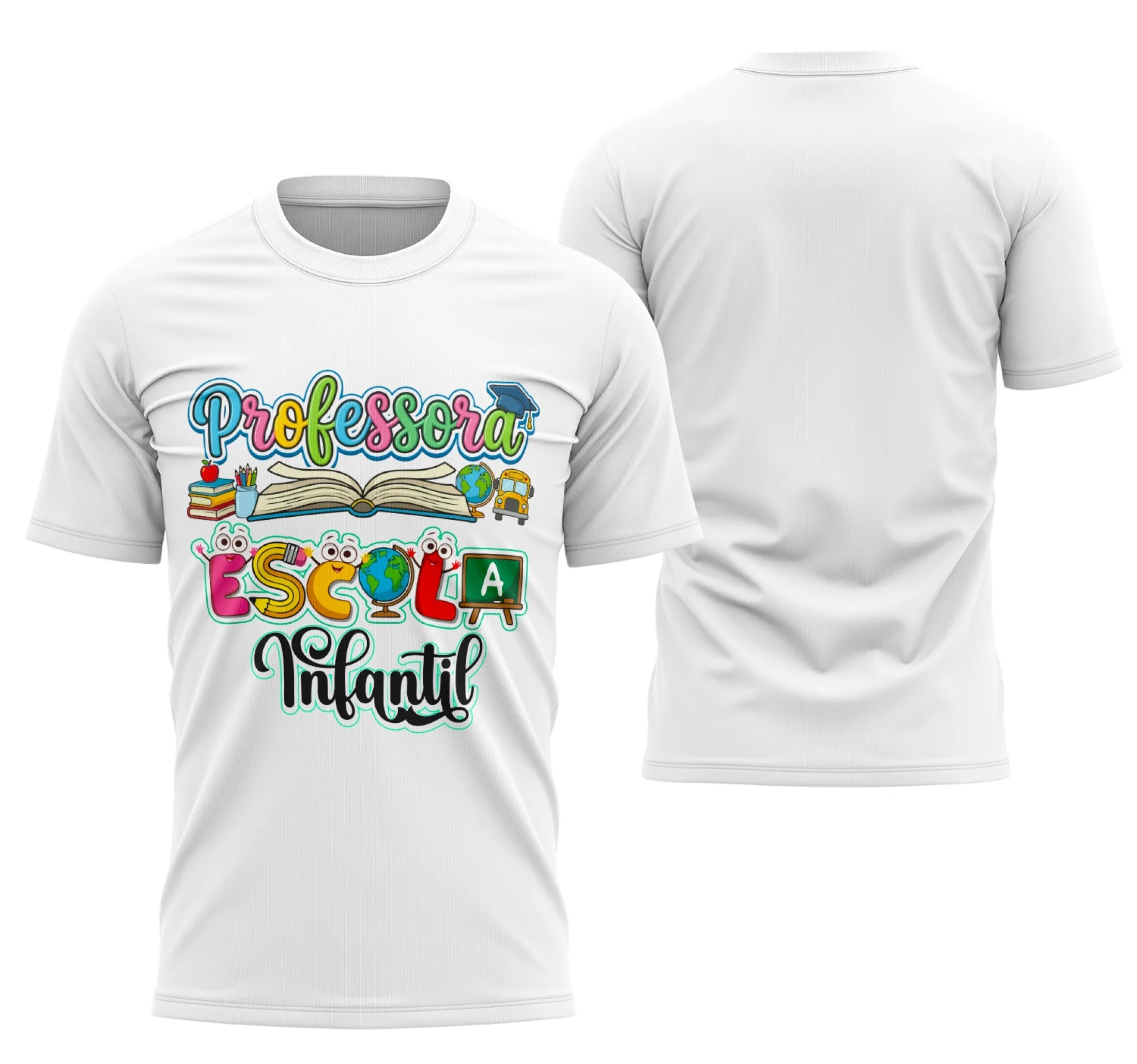 Camiseta unissex branca com logo no peito e estampa grande nas costas com tema professora personalizada, ideal para uso diário e eventos especiais.