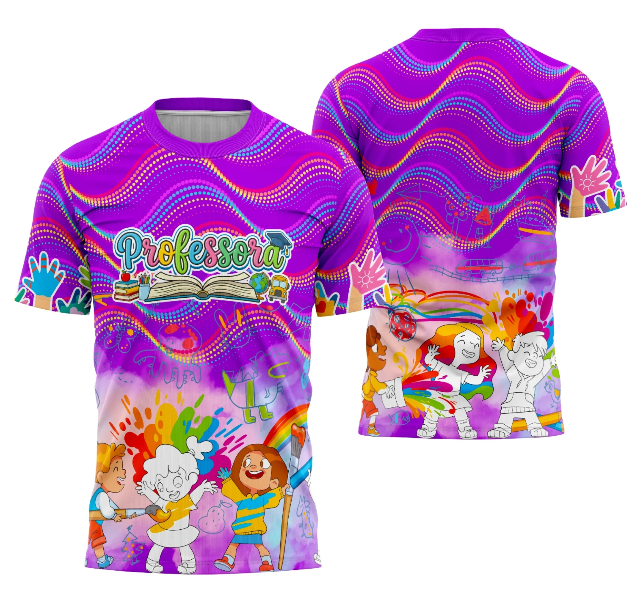 Camiseta unissex branca com logo no peito e estampa grande nas costas, inspirada em tema de professora personalizada para máxima identificação.