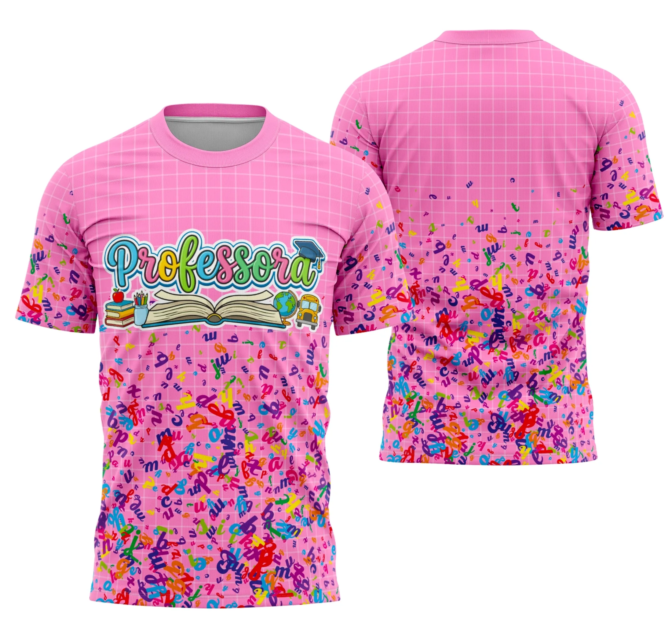 Camiseta unissex branca com logo no peito e estampa grande nas costas sobre o tema de professora personalizada, perfeita para uso casual ou em eventos escolares.