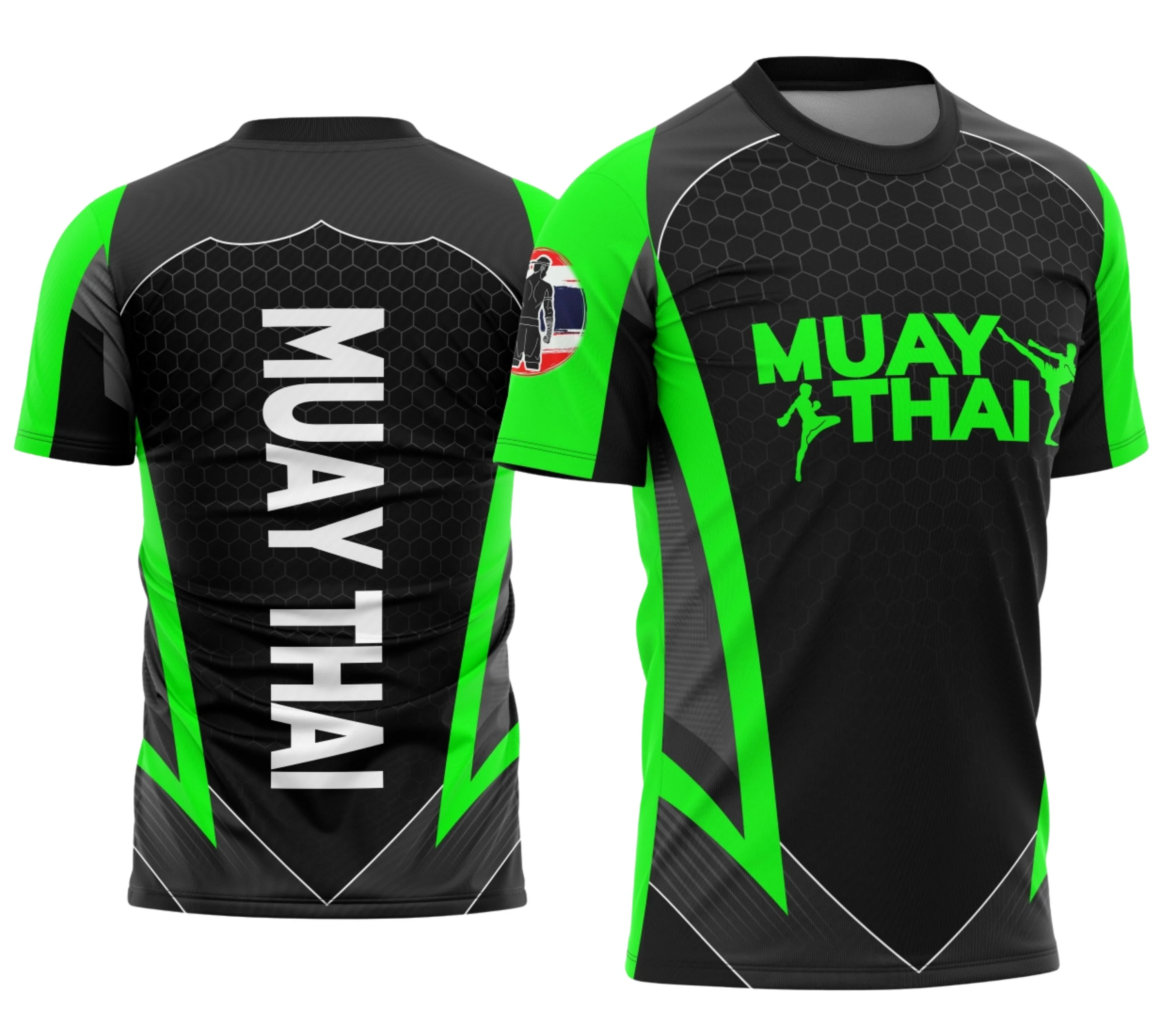 Camiseta unissex preta com logo no peito e estampa grande nas costas, mostrando o tema Muay Thai Profissão, ideal para fãs e praticantes da arte marcial com estilo marcante.