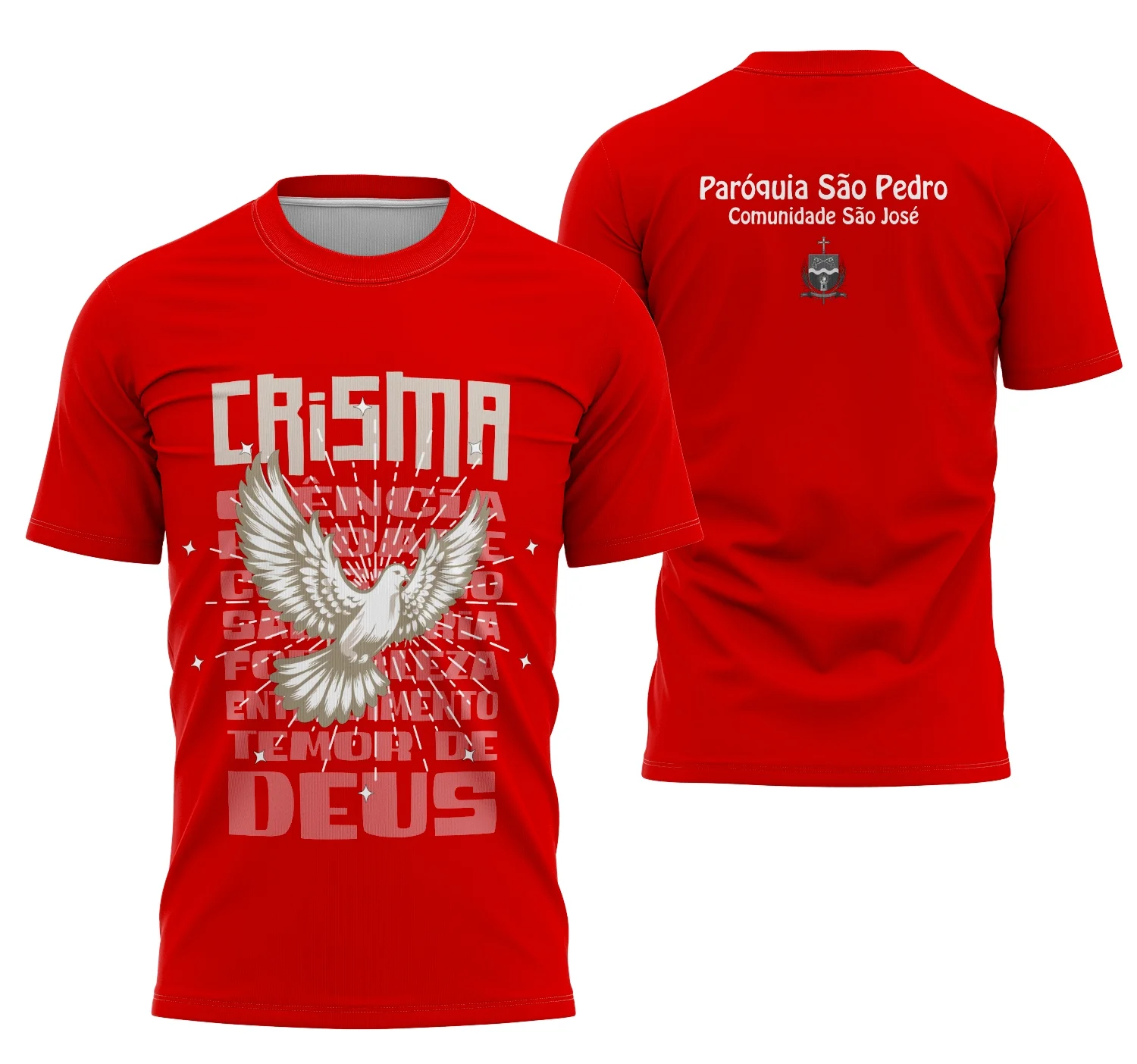Camisa estampada com logo no peito e estampa grande nas costas que representam símbolos religiosos de Crisma com design elegante e moderno, perfeita para ocasiões especiais e celebração de fé.
