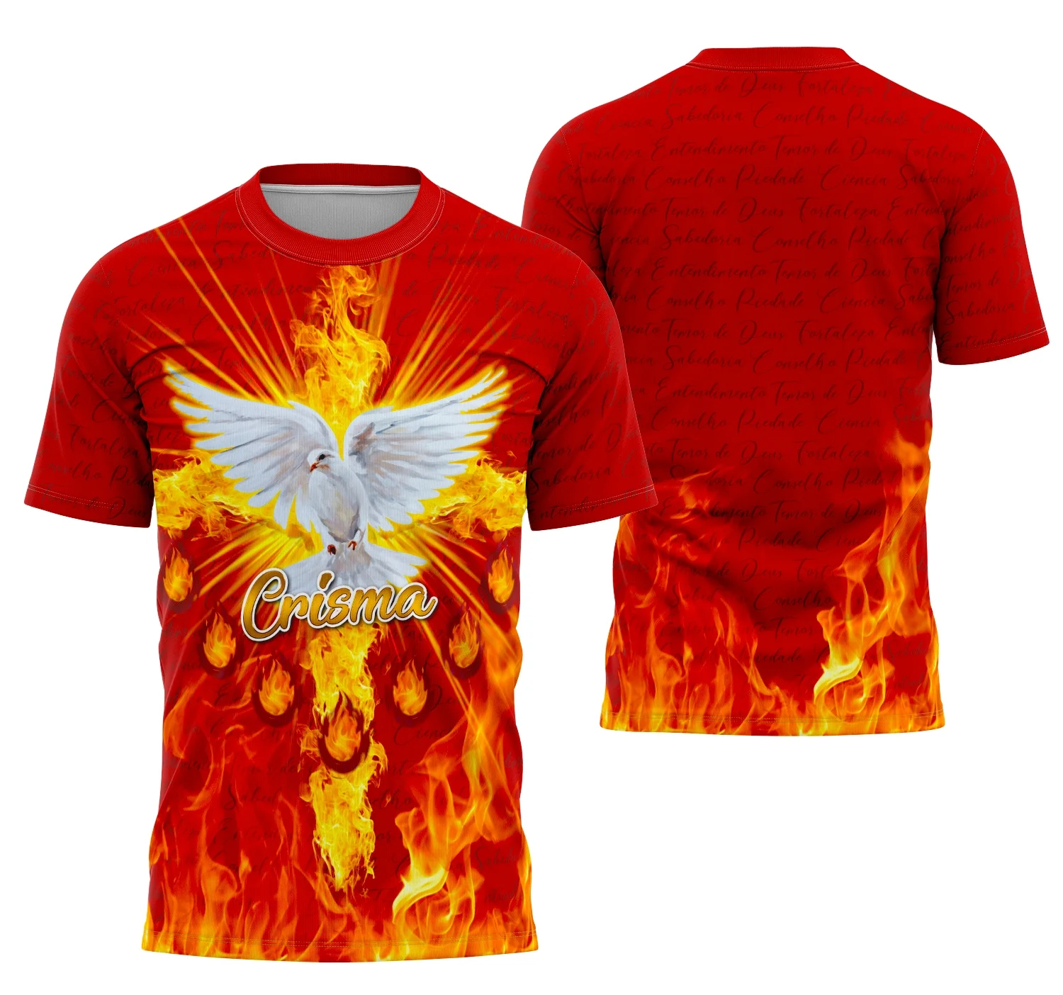 Camisa com logo no peito e estampa grande nas costas que celebra o momento especial da Crisma 2026 com design moderno e simbologia religiosa marcante, ideal para quem quer marcar essa fase com estilo.