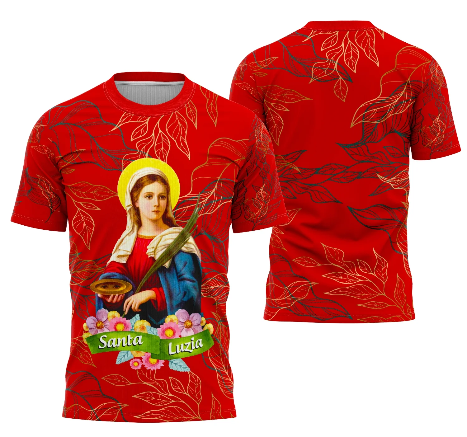 Camisa Santa Luzia com logo no peito visível e estampa grande nas costas destacando um design religioso vibrante que une tradição e modernidade em um toque estiloso e cheio de significado cultural.
