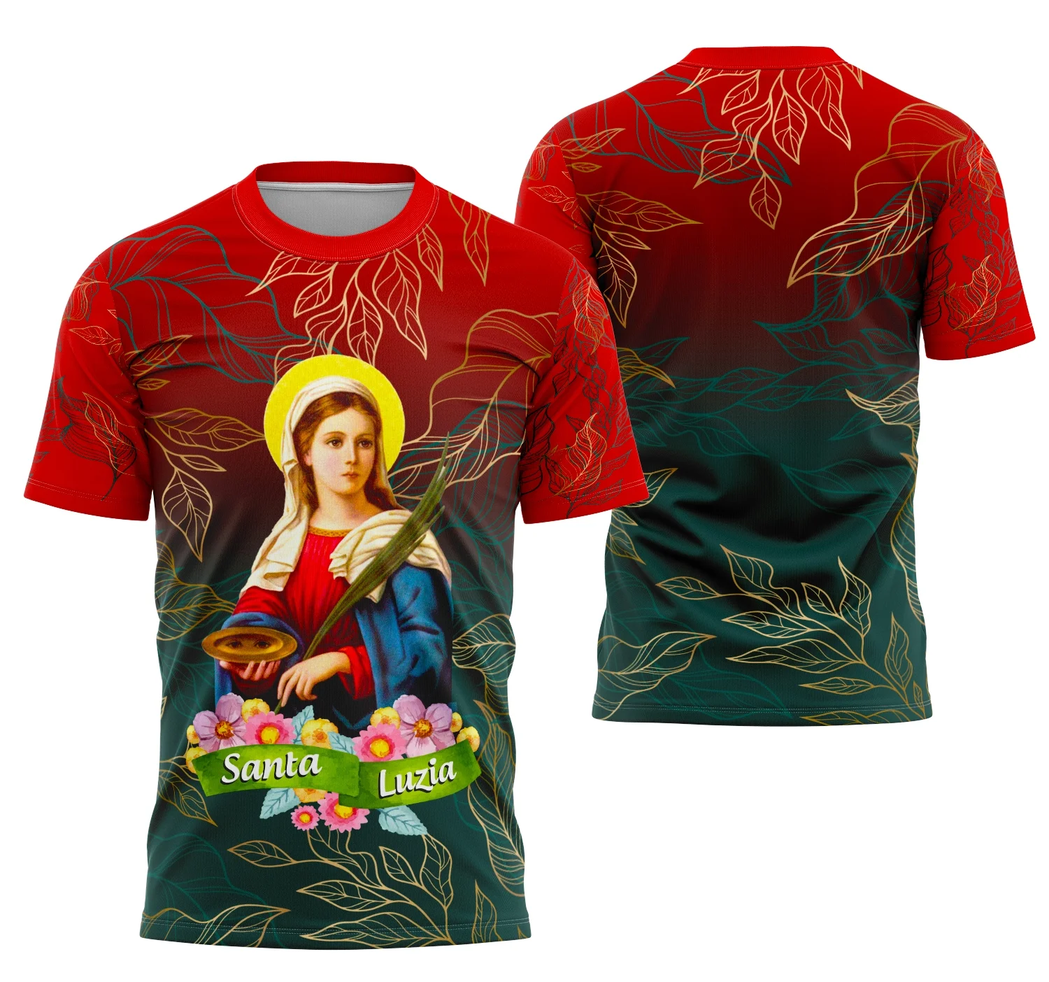 Camisa com logo no peito e estampa grande nas costas destacando elementos religiosos de Santa Luzia com design moderno e estiloso que valoriza a fé e a devoção.