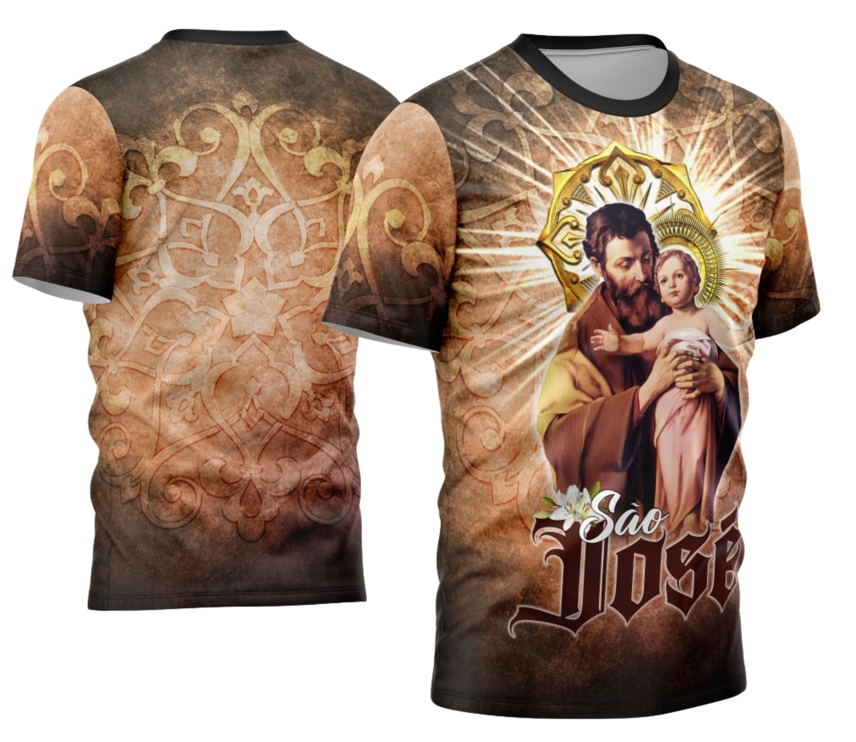 Camisa com logo no peito em destaque e estampa grande nas costas representando São José com design moderno e detalhes religiosos que transmitem fé e proteção.