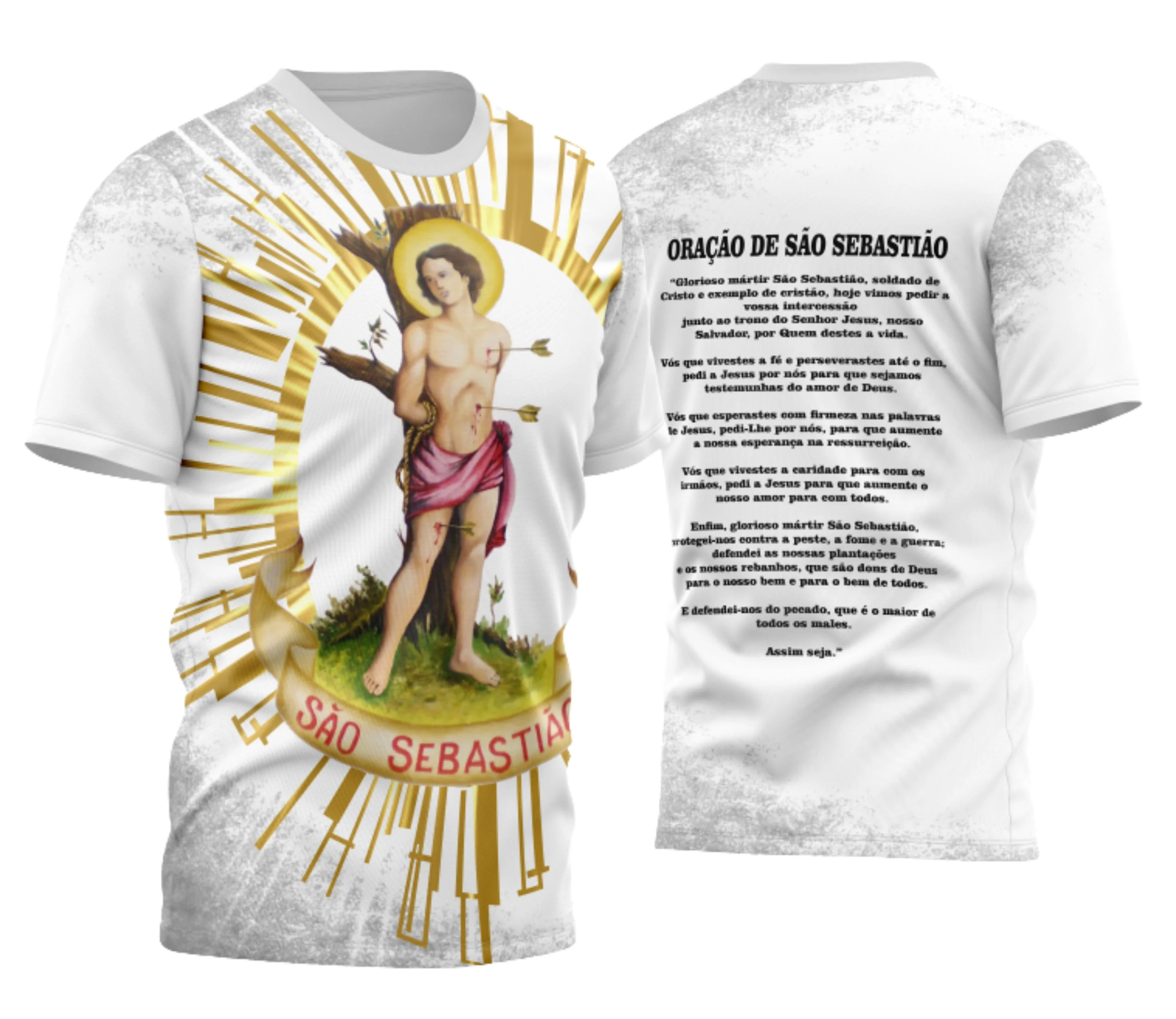Foto da camisa com logo no peito e estampa grande nas costas, apresentando design inspirado em São Sebastião com detalhes religiosos marcantes, ideal para ocasiões especiais com toque de fé.