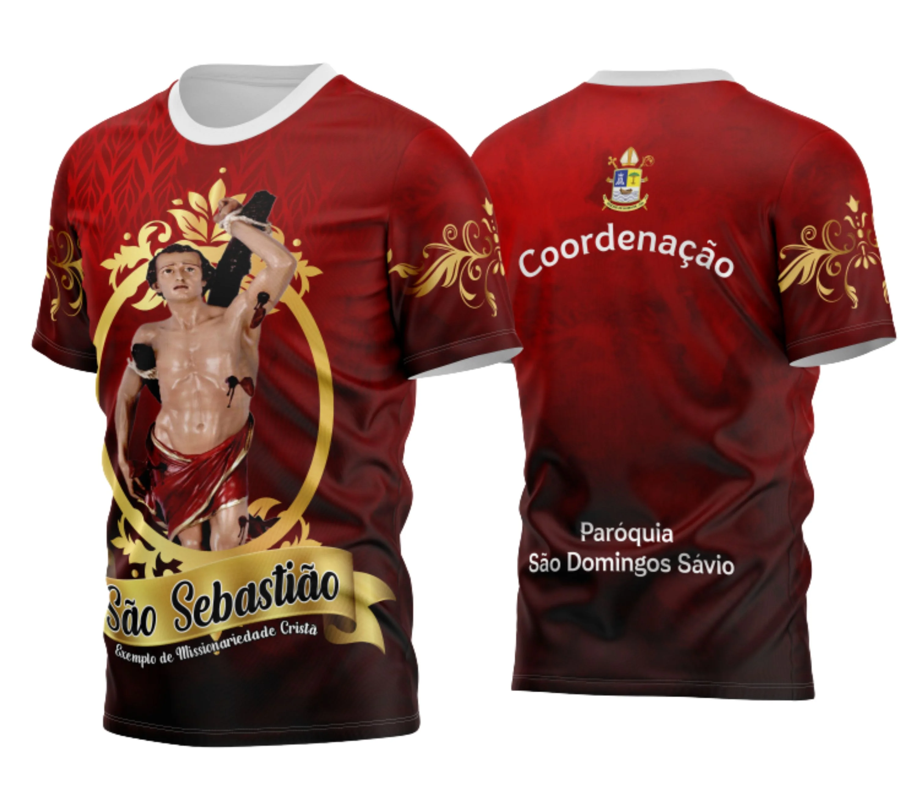 Camisa com logo no peito e estampa grande nas costas representando São Sebastião, em estilo marcante e devocional, perfeita para quem valoriza a fé e a proteção do santo.