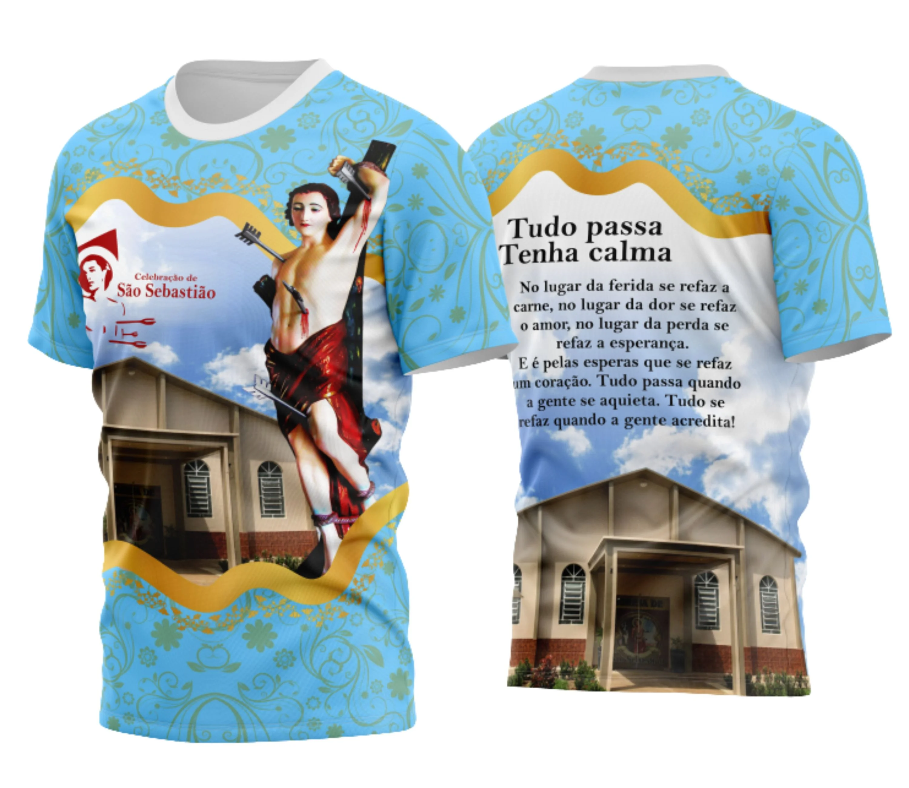 Camisa com logo no peito destacando São Sebastião e estampa grande nas costas com ilustração detalhada e cores vibrantes, simbolizando fé e devoção em estilo clássico.